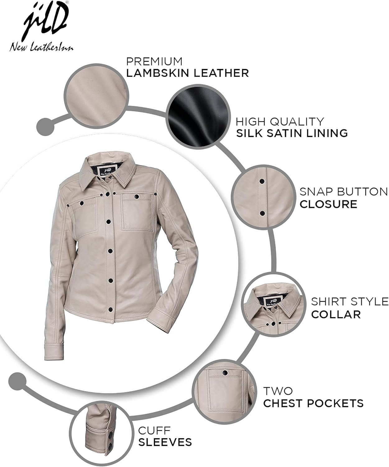 Jild Womens Button Front Lambskin Leather Jacket Shacket - Casual Shirt Long Sleeve Leather Jacket Women with Bust Pocket - Image 5