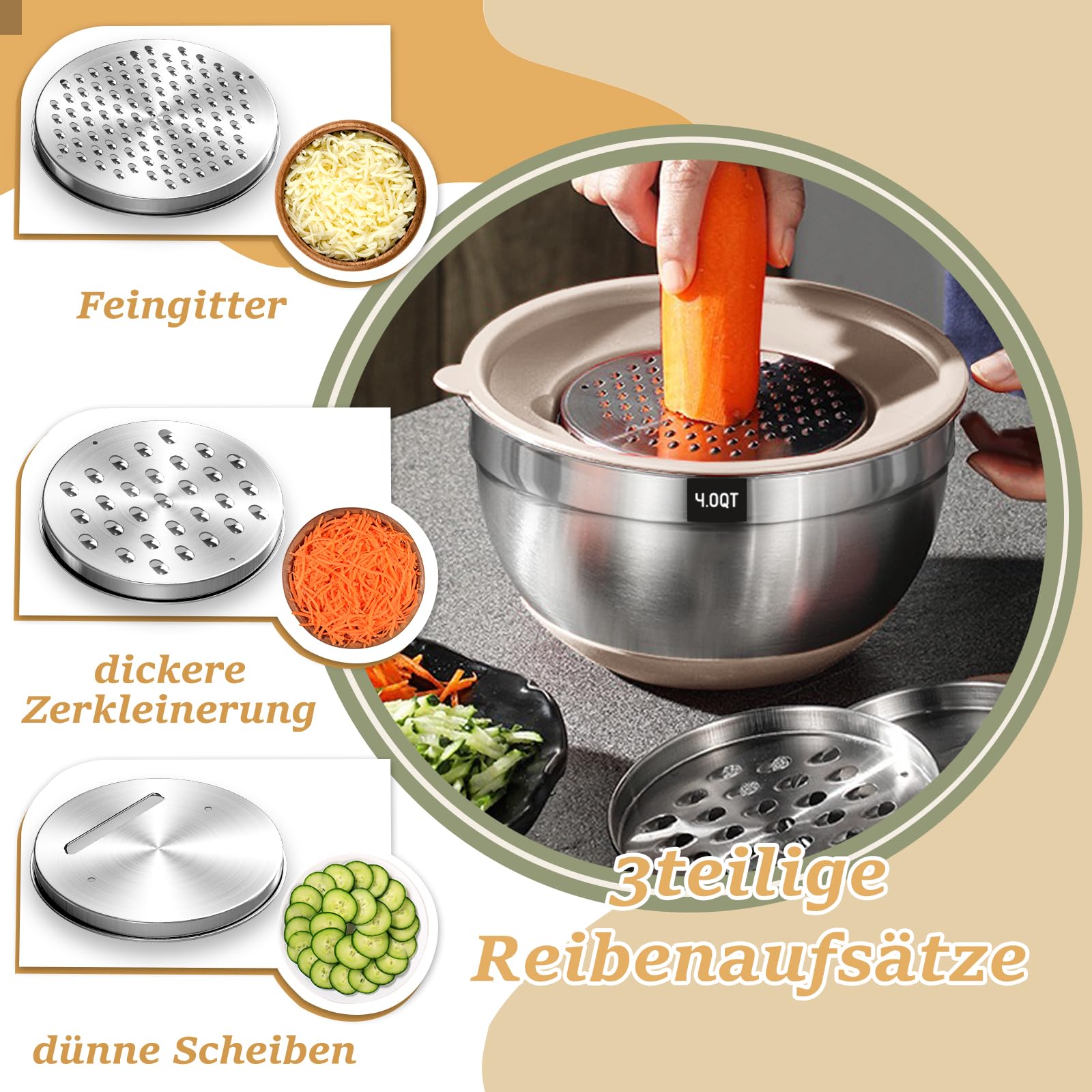 Terlulu Rührschüssel 6er Set, Edelstahl Schüssel Salatschüssel mit Luftdichtem Deckel & Silikonboden, 3 Reibenaufsätzen, Schüsselset zum Backen/Servieren, 6.6 L/3.8 L/2.4 L/1.9 L/1.4 L/0.6 L - Khaki