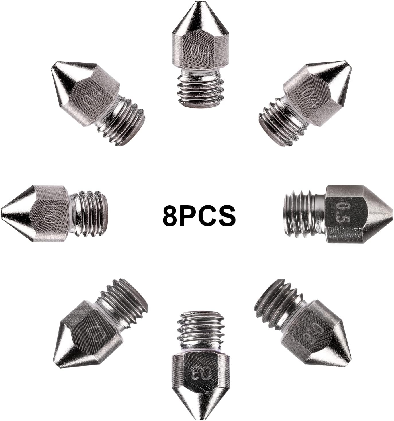 Creality 8 PCS 3D Printer Hardened Steel MK8 Nozzles, Upgraded Tungsten All Metal Extruder Nozzles 0.2mm, 0.3mm, 0.4mm, 0.5mm, 0.6mm for Creality Ender 3/ 3 V2/ 3 pro CR-10 : Industrial & Scientific