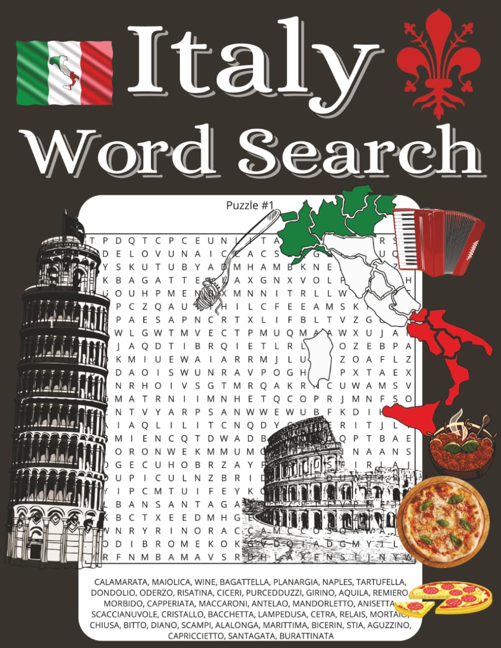 Italy word search: Large print word searches with easy to read 2500+ words, Italian, Europe, History, landmarks, culture, food | 8.5x11 inches, 128 ... gift for vacations, holidays and free times