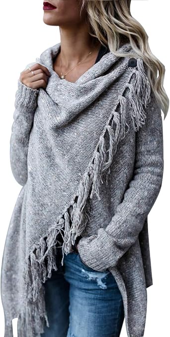 CEASIKERY Womens Tassel Hem Sweater Long Cardigan Knitwer Pullover Poncho Coat