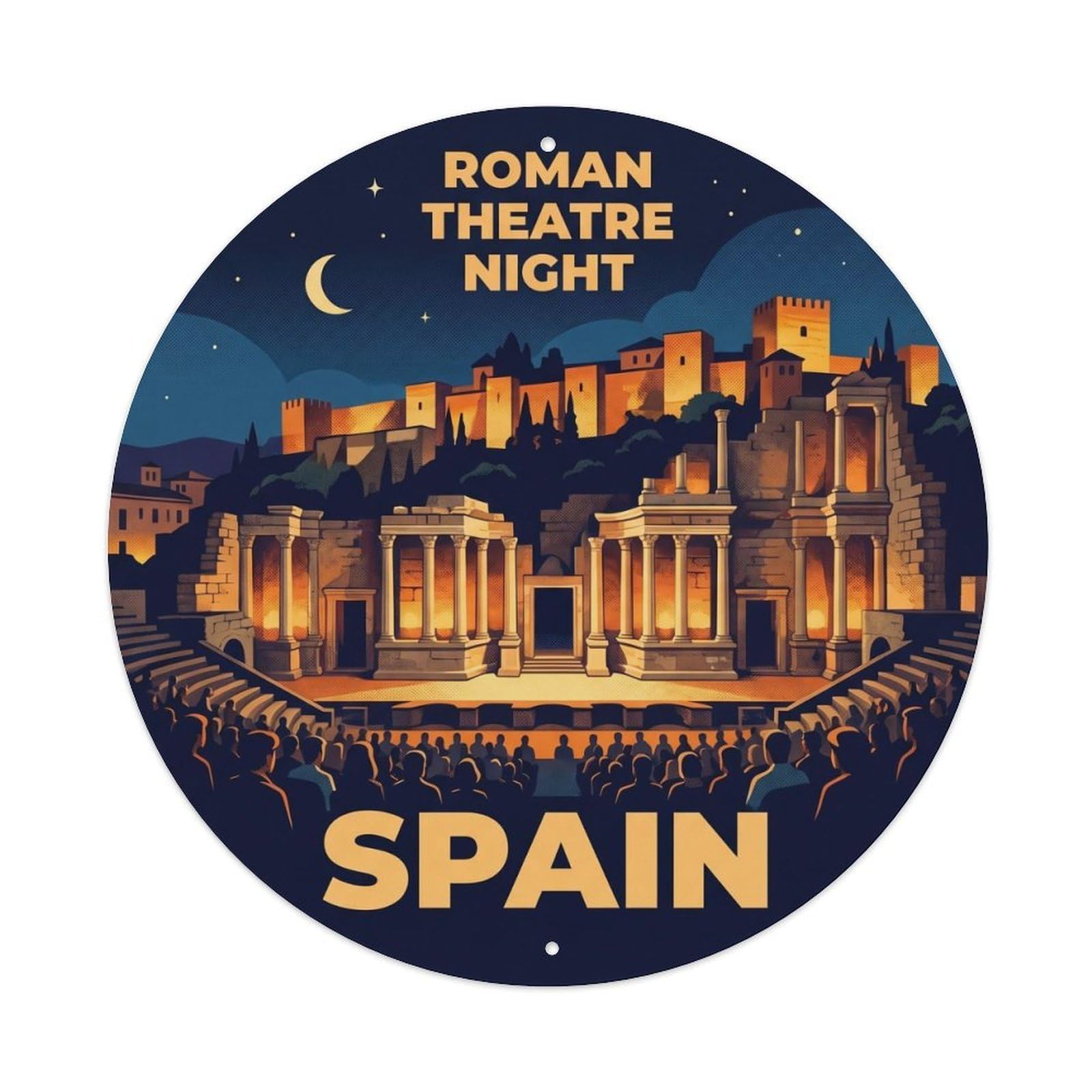 Malaga Roman Theatre Night Spain Landmark Travel Metal Tin Sign