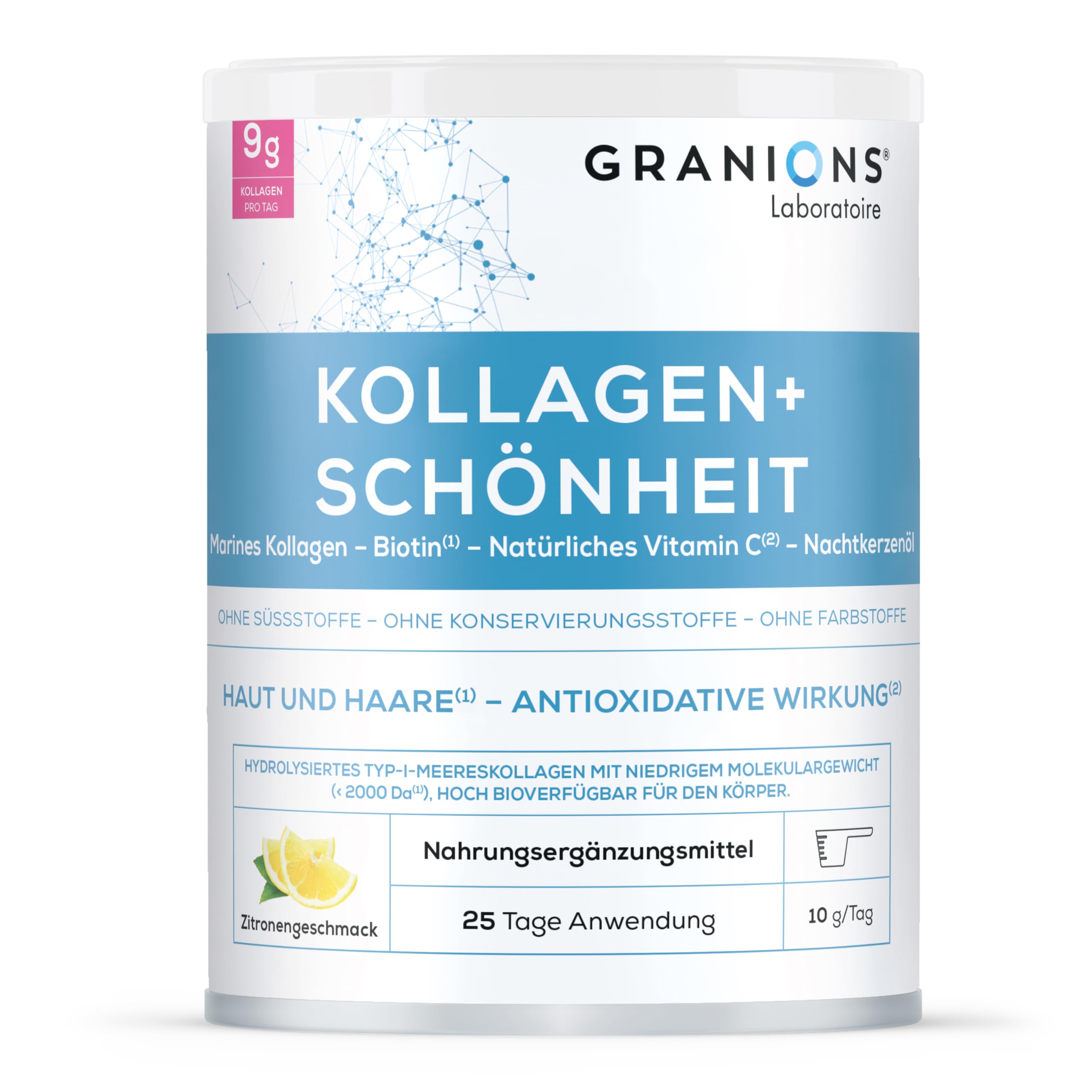 Kollagen Pulver 250g - Biotin Haare - Kollagen - Vitamin C - Hyaluronsäure - Schönheit Haut - Hohe Assimilation, Marine kollagen Geschmack Zitrone - Alternative kollagen kapseln - Granions