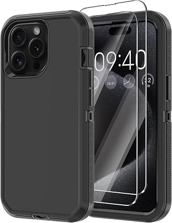 for iPhone 15 Pro Max Case with 2 Screen Protector,Shockproof Drop Protection Full Body Heavy Duty 3-Layer Military Rugged Durable Phone Cover for Apple iPhone 15 Pro Max 6.7" Black