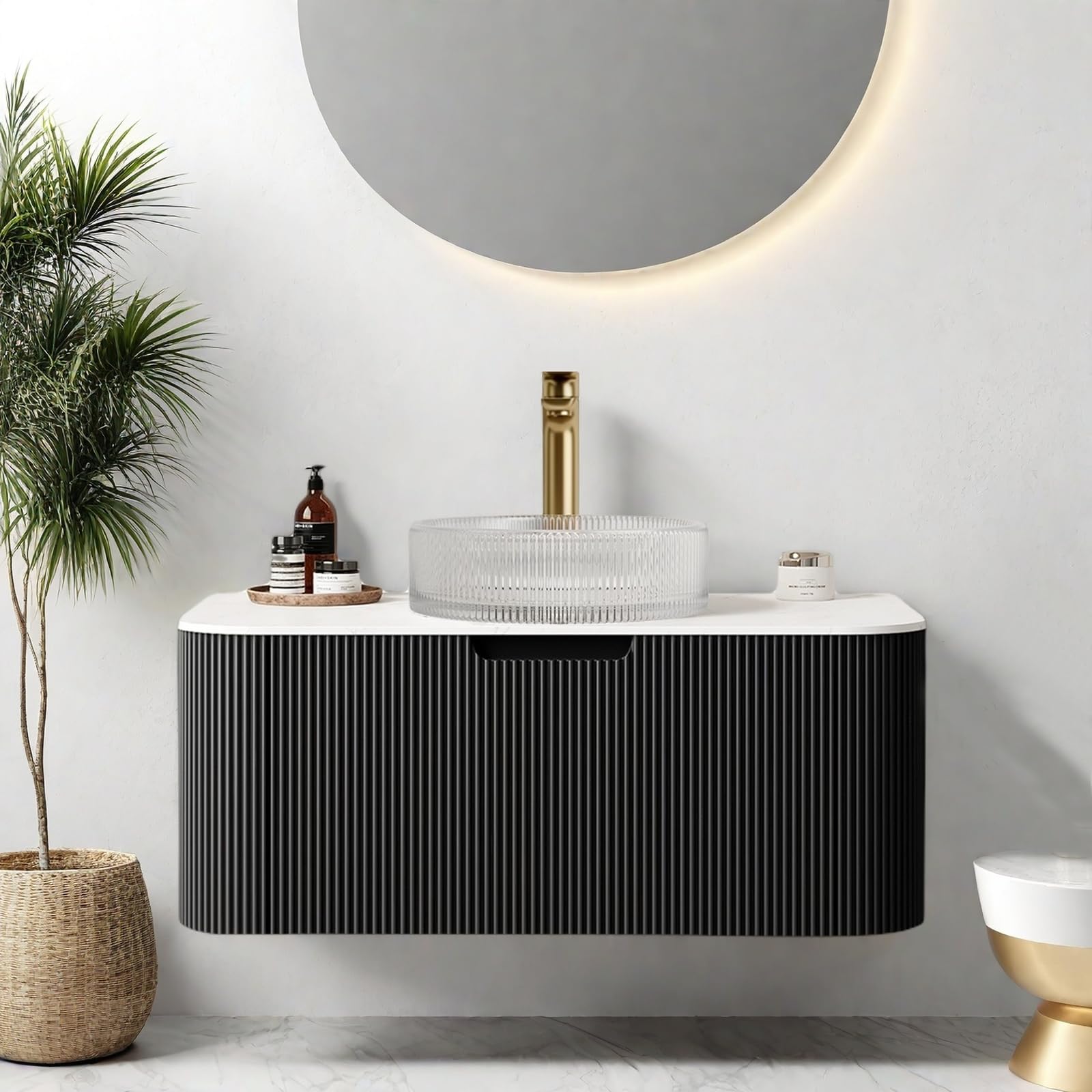 36" Floating Bathroom Vanity with Sink, Plywood Modern Bathroom Storage Cabinet with Ultra-Thin Round Crystal Glass Basin and Marble Top, Soft-Close Design, Pre-Assembled, Gloss Black