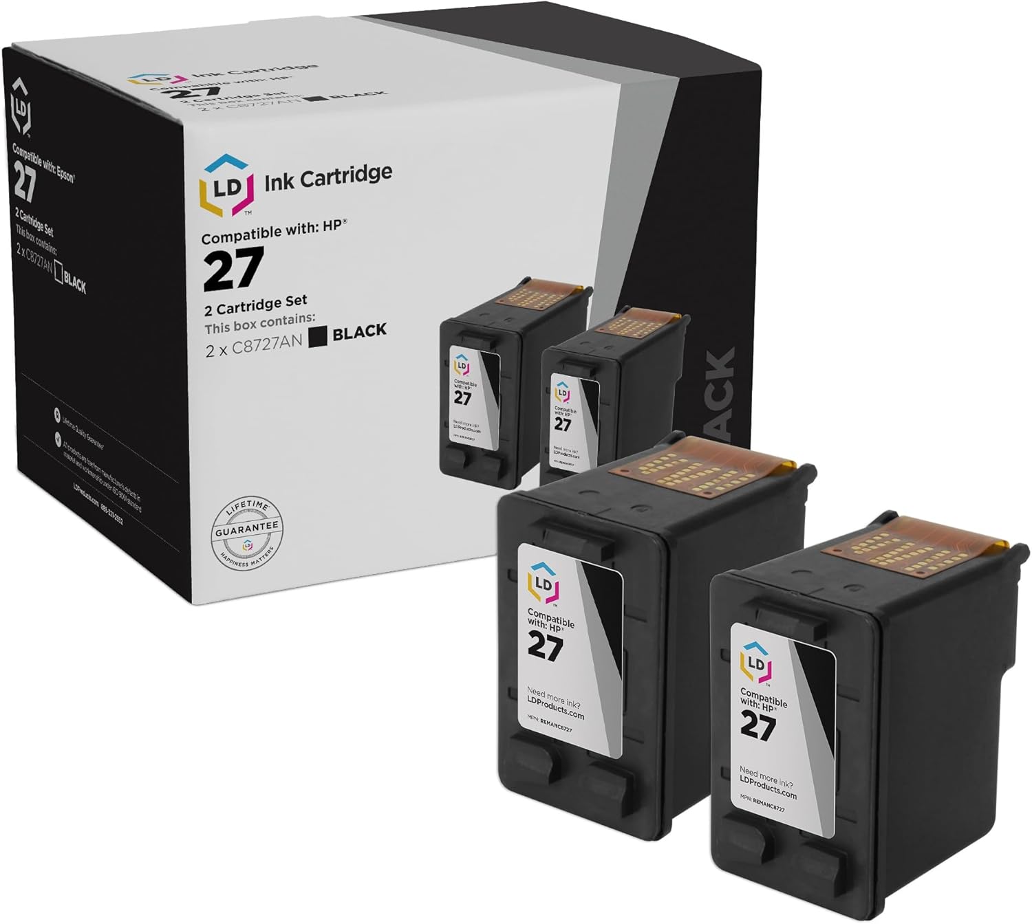 LD Products Remanufactured Ink Cartridge Replacement for HP 27 C8727AN (Black, 2-Pack) Compatible with Deskjet 3425 3450 3320 3322 3520 3520v 3550 3650 3650v 3740v 3745