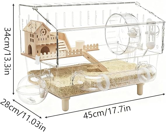 Dwarf Hamster Cage - 2-Layer Clear Habitat - 17.7x11x13.3 Inch Acrylic Hamster House | for Hedgehog Gerbil Chinchilla Small Pet Breeding Indoor