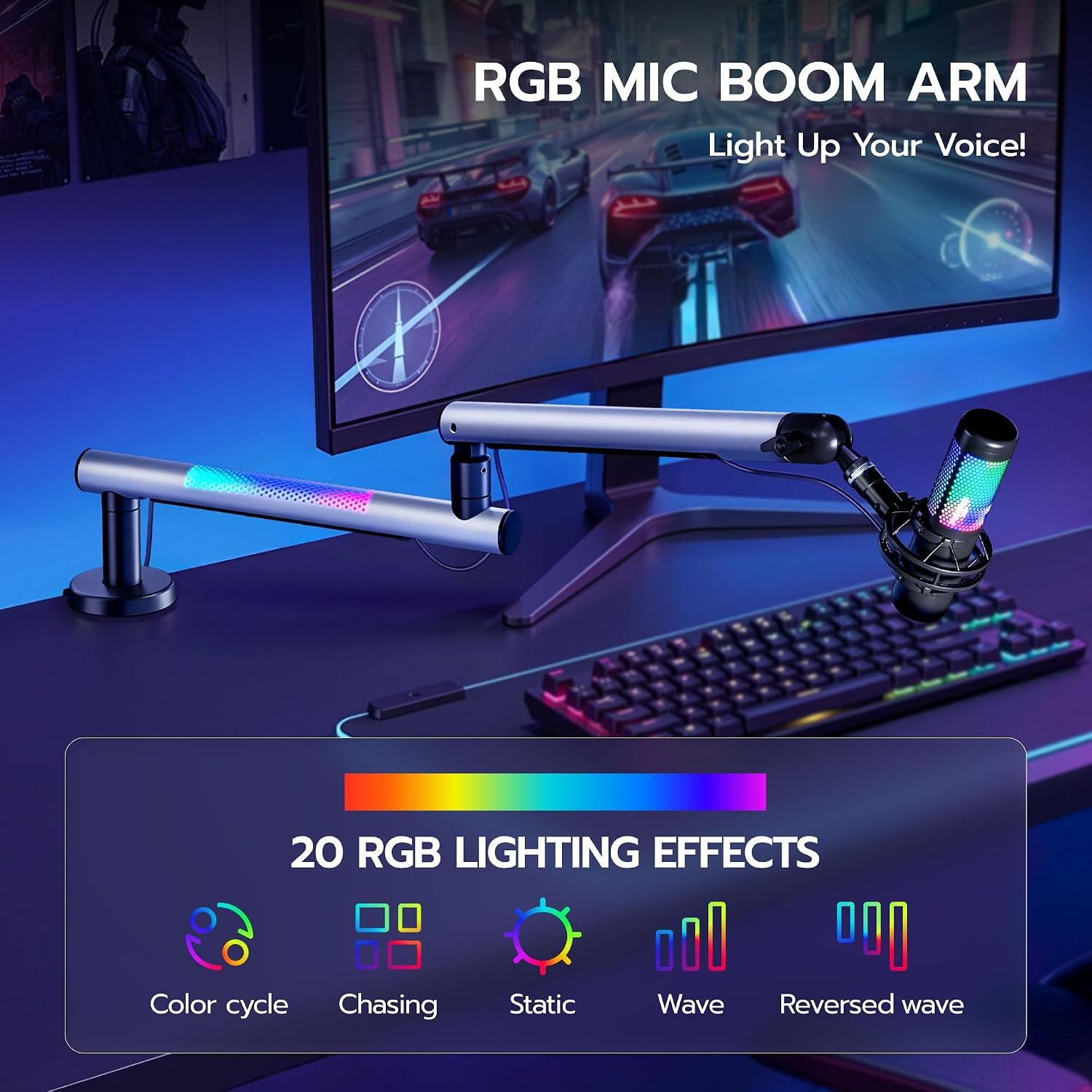 ARES WING Aluminum Low Profile Mic Arm with 20 Mesh RGB Lighting Modes