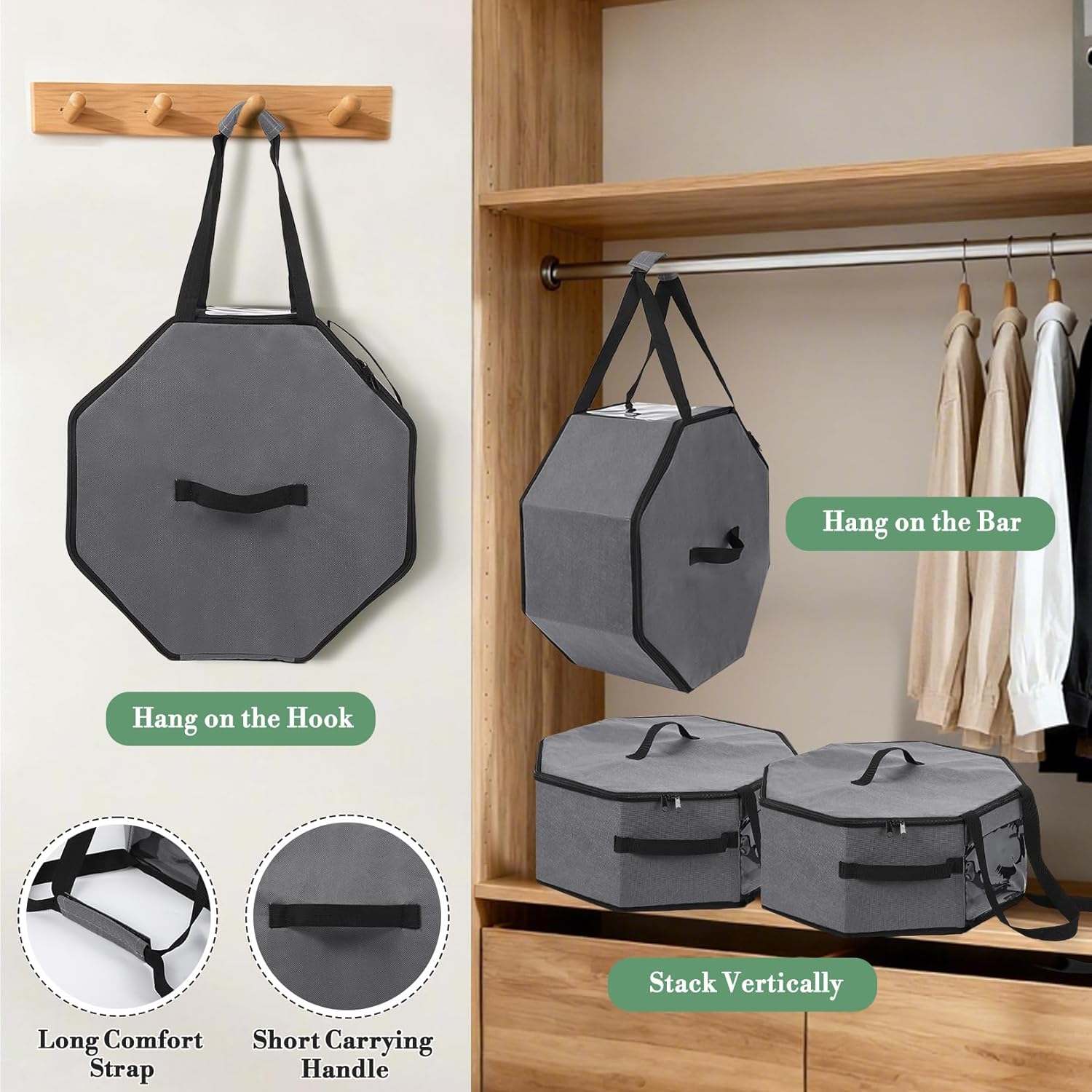 Garvee 3-Pack Grey Collapsible Hat Storage Boxes with Handles and Shoulder Strap – Large Dustproof Organizer for Cowboy, Fedora & Sun Hats – Portable Travel and Home Storage, 42×42×19cm, Grey