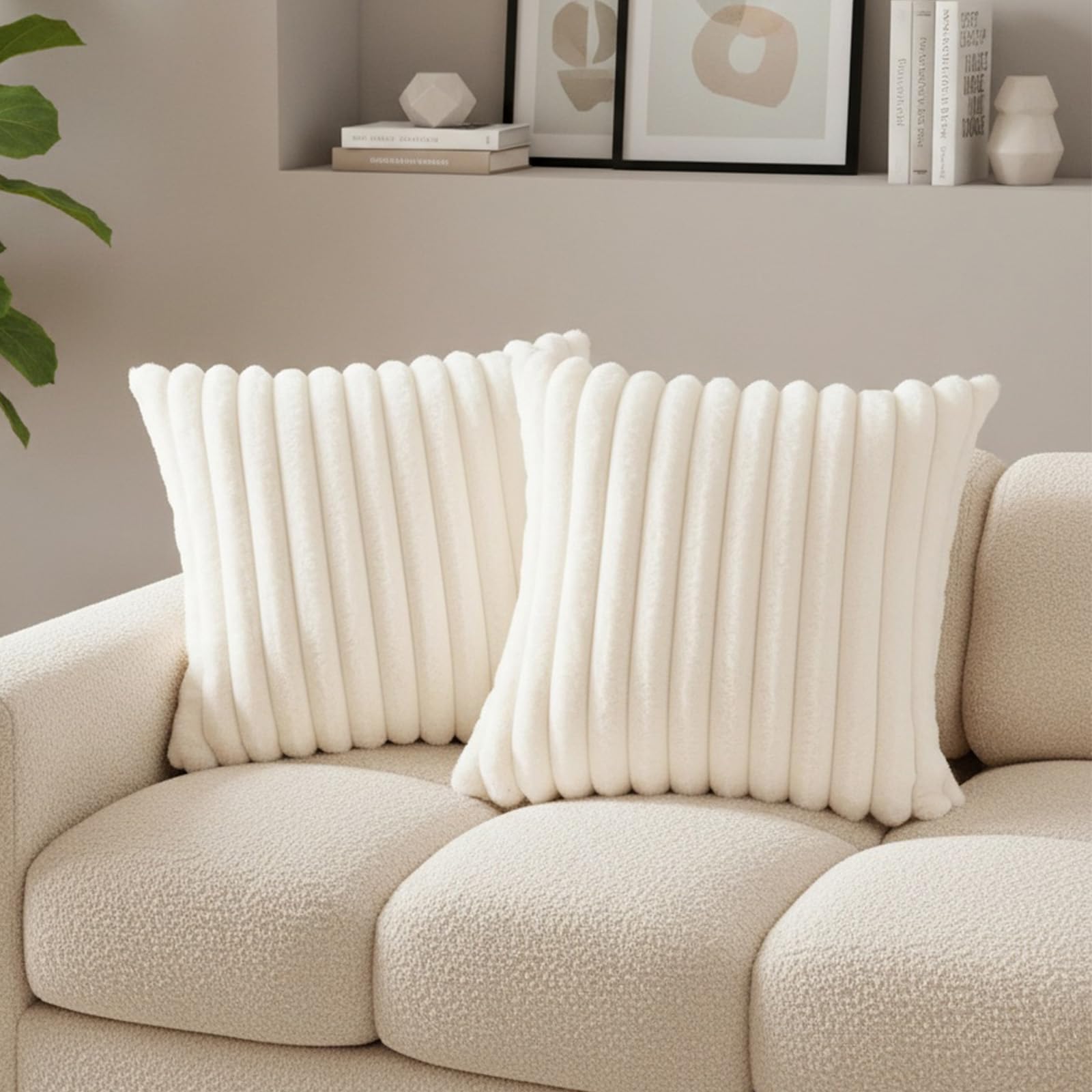 2 Pack 45x45 cm Faux Fur Fluffy Cushion Covers, Cream White Plush Striped Decorative Pillowcases for Sofa Bed Living Room Home Decor