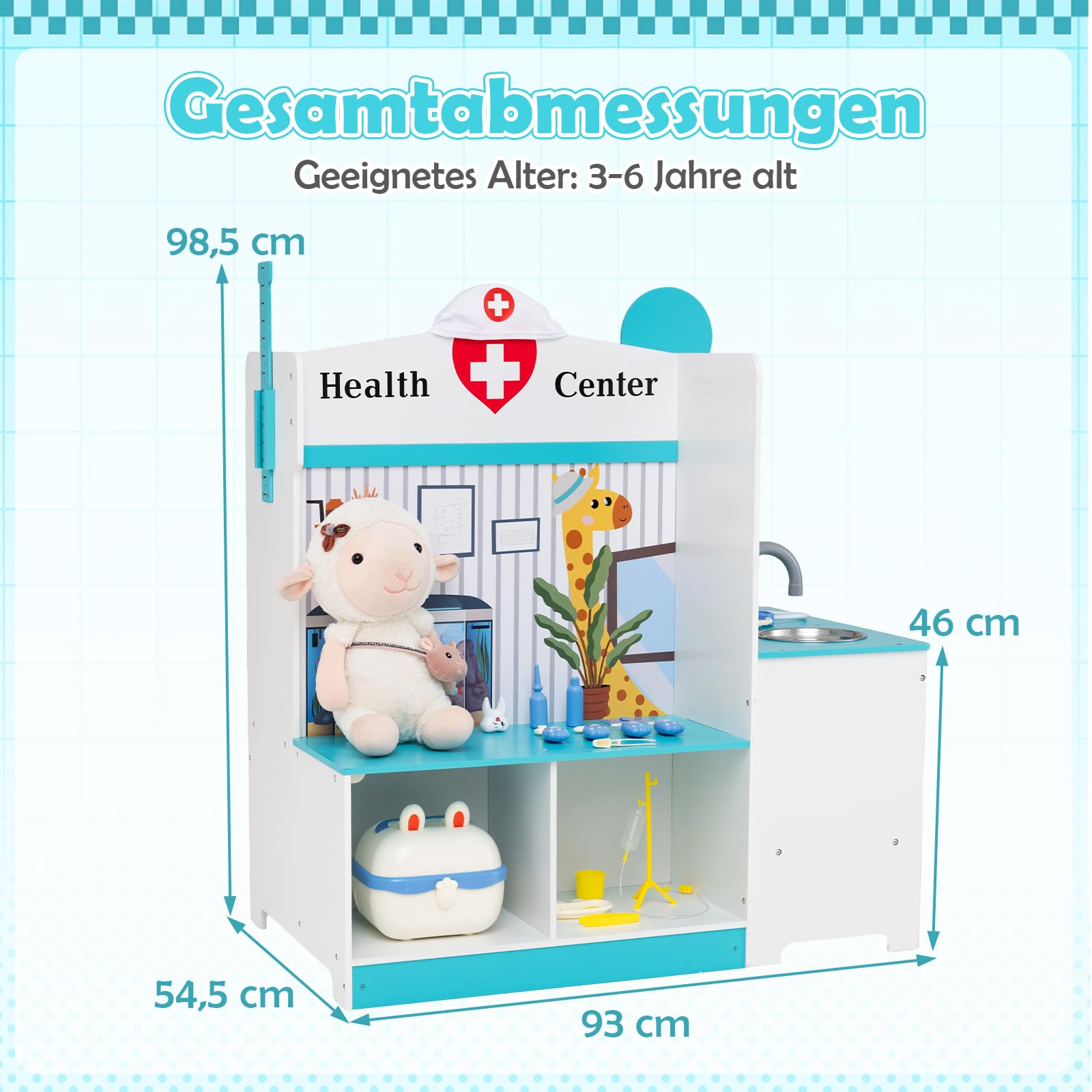 DREAMADE Doktor Spielset Holz, Krankenhaus Spielzeug für Kinder | Arztkoffer Arzt Rollenspielzeug mit Untersuchungszimmer & Waschbecken, Medizinisches Zentrum mit Check-in & Wartebereich