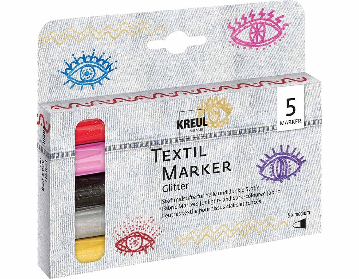 KREUL 92651 - Set de rotuladores textiles purpurina, medio, 5 piezas, ancho de trazo de 2 a 4 mm, base agua, rotuladores semiopacos para tejidos con efecto purpurina