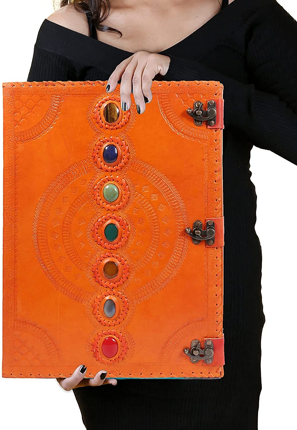 TUZECH Seven Chakra Medieval Stone Embossed Handmade Jumbo Leather Journal Book of Shadows Notebook 