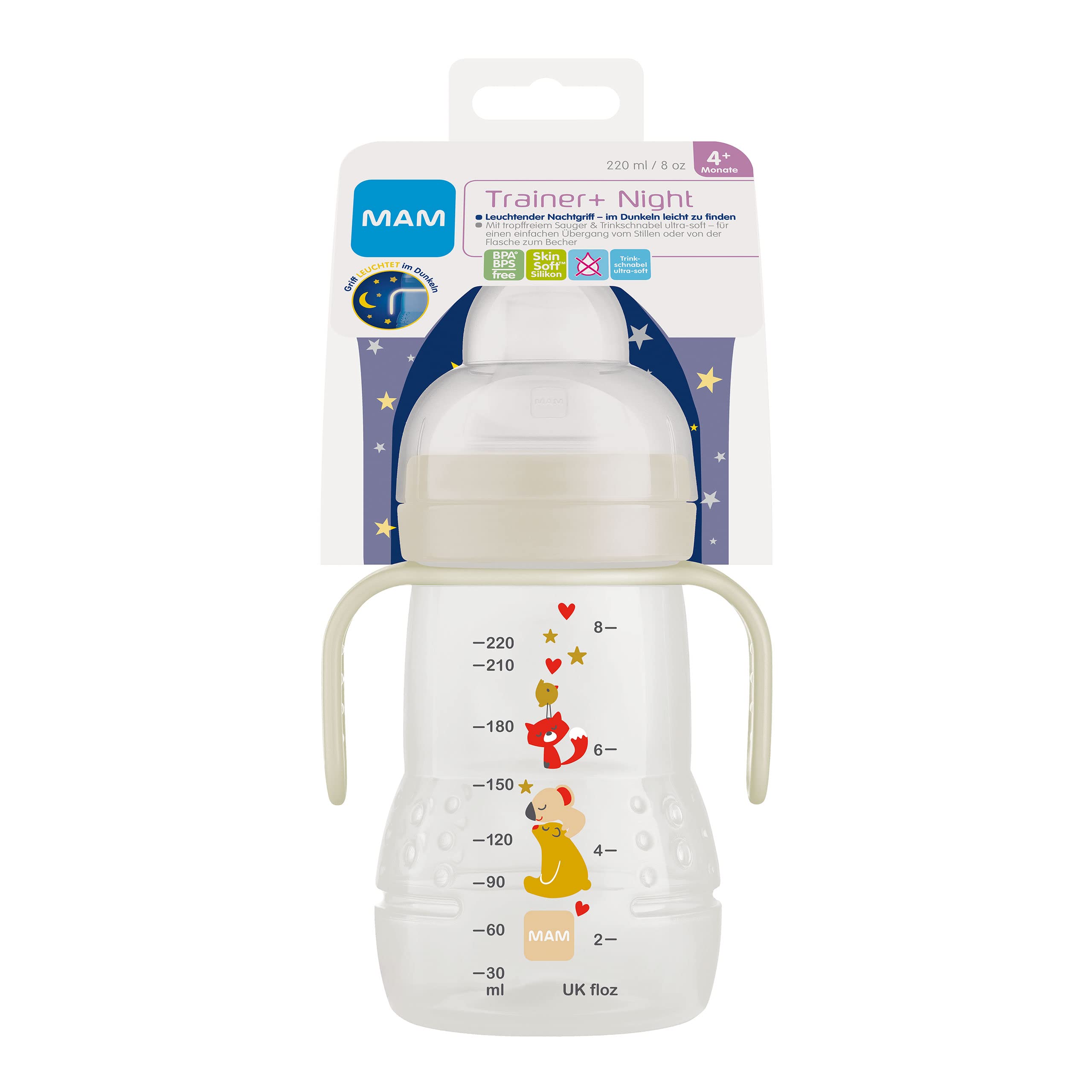 MAM Trainer+ Gourde d'apprentissage de nuit (220 ml) avec poignée lumineuse pour la transition vers la tasse, tasse à boire avec tétine et bec verseur anti-goutte, 4 mois et plus, koala