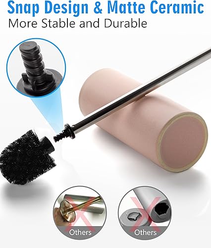 Miniatura 3 de Juego de escobilla y soporte de cerámica blanca mate, cerdas duraderas antiarañazos, mango largo de acero inoxidable, cepillo limpiador de inodoro