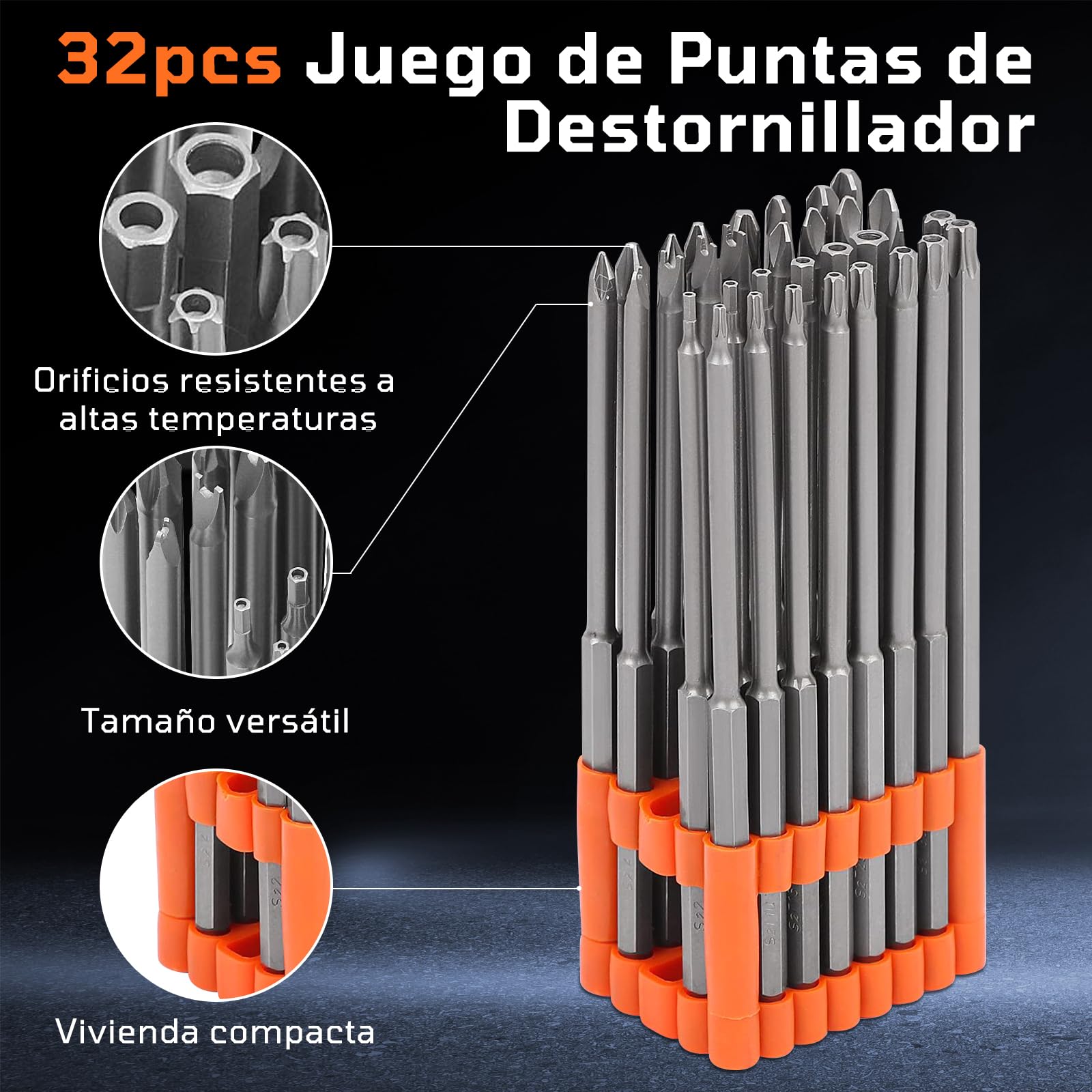 32 pc Juego de Puntas Extra Largas 150 mm de Destornillador de Acero S2,Resistentes y Duraderas, Incluir Torx, Phillips, Allen, Plana, Doble, Seguridad, con Soporte Organizador,Para Taladros