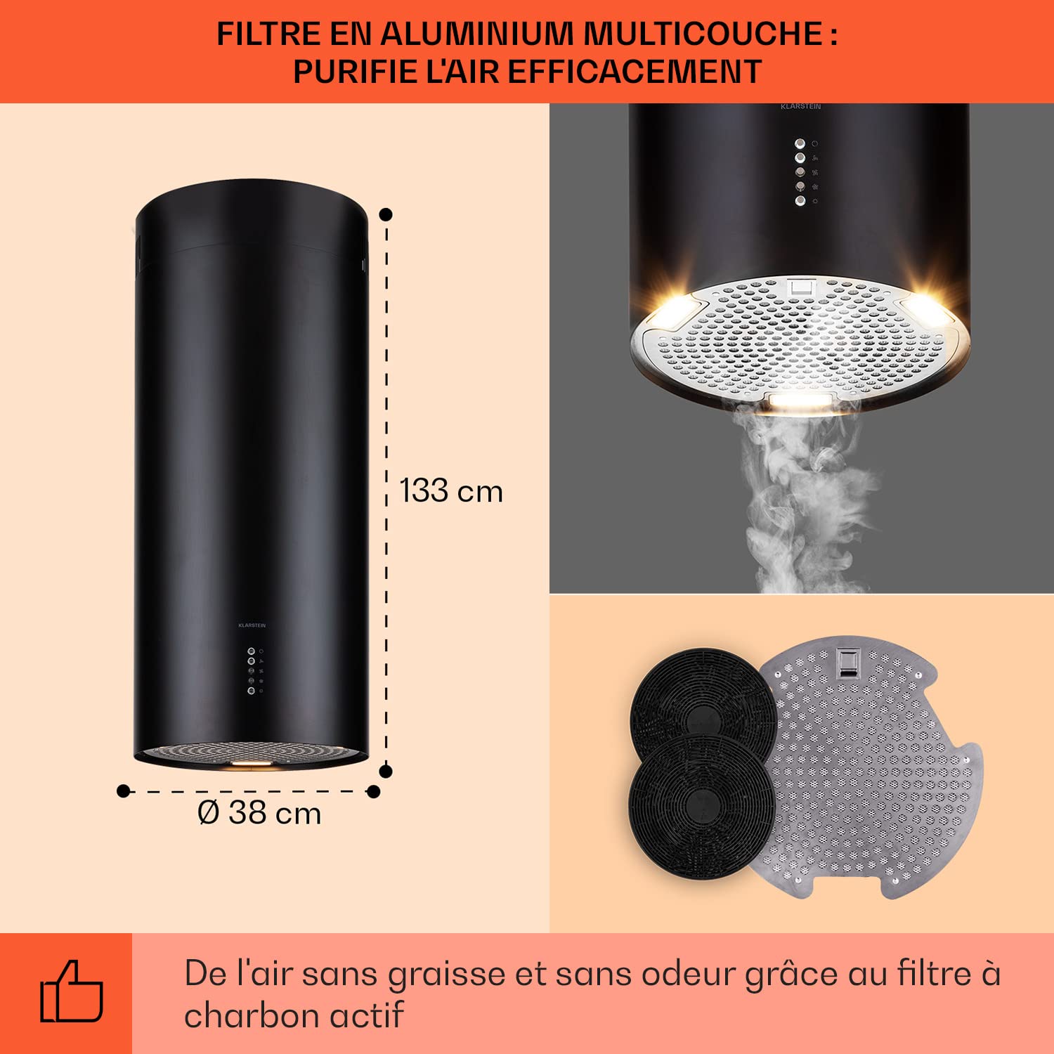 Klartstein Hotte Ilot Central Cuisine, Débit d'Air de 600 m³/h, Hotte pour Ilot 3 modes, Hotte Aspirante Suspendue, Filtres à Charbon Actif, Minuterie, Hotte de Cuisine Réglable avec Conduit Design