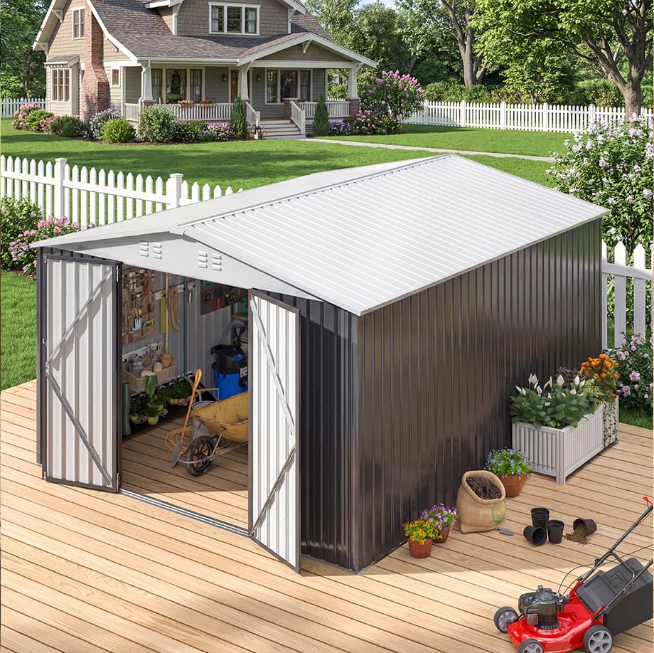 Image of Polar Aurora 10x12 FT Metal Shed, Heavy-Duty Galvanized Steel Tool Storage Shed with Lockable Doors, Waterproof Outdoor Garden Shed for Outside, Backyard, Patio, Lawn, White