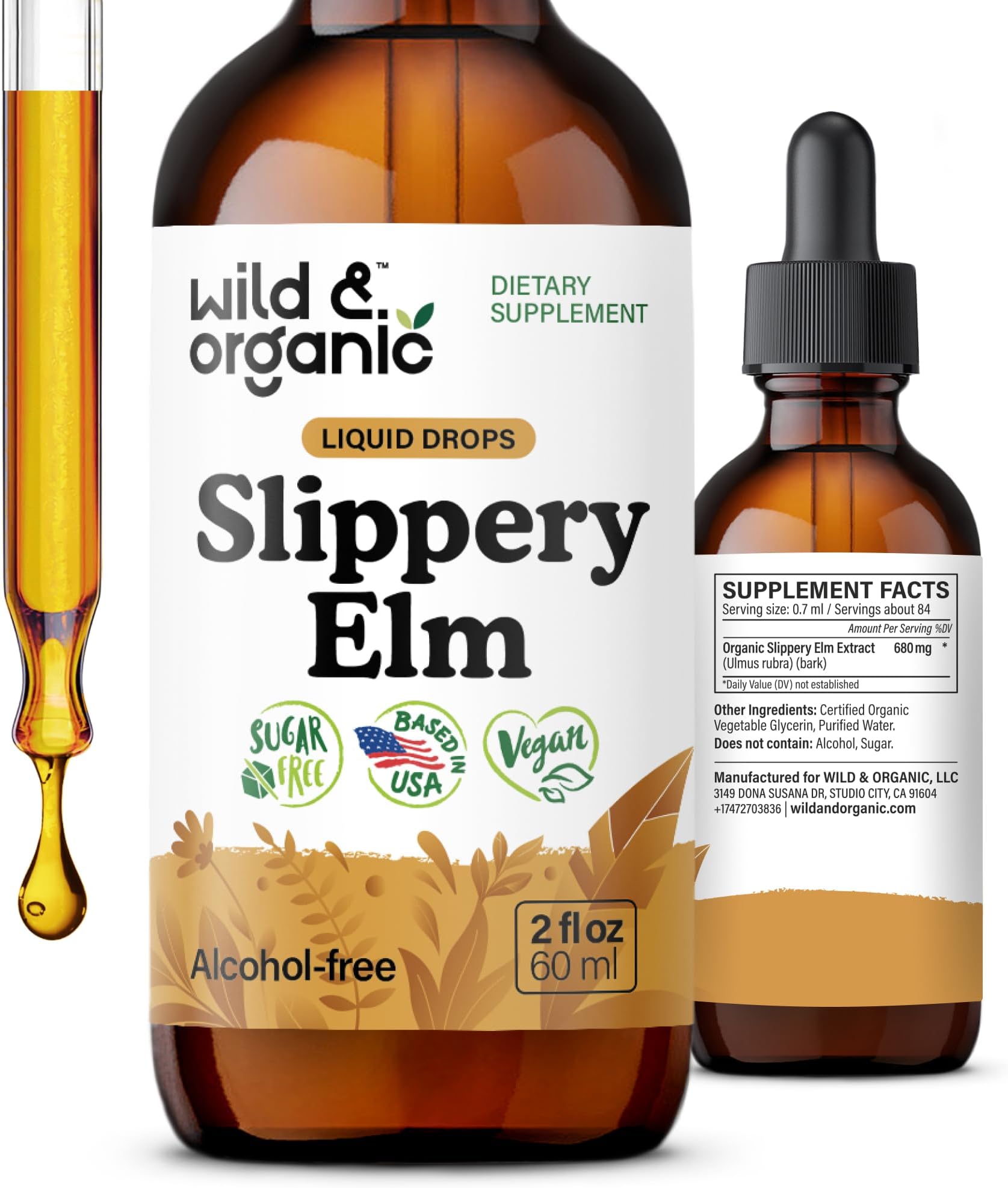 Wild & Organic Slippery Elm Drops - Lung, Digestive & Women's Support - Slippery Elm Bark Tincture - Add to Tea Liquid Extract - Ulmus Rubra Supplement - Vegan, Sugar & Alcohol-Free - 2 fl oz