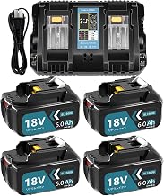 Boetpcr Compatible Makita 18 V Battery Charger Set, BL1860B, 6,000 mAh Capacity, 4 Pieces, Makita Charger, 2 Ports, DC18RD Included, Compatible with BL1815N BL1830B BL1860B and More, Equipped with BMS Board for Electric Tools, Long Life Cell, LED Lamp, Hi