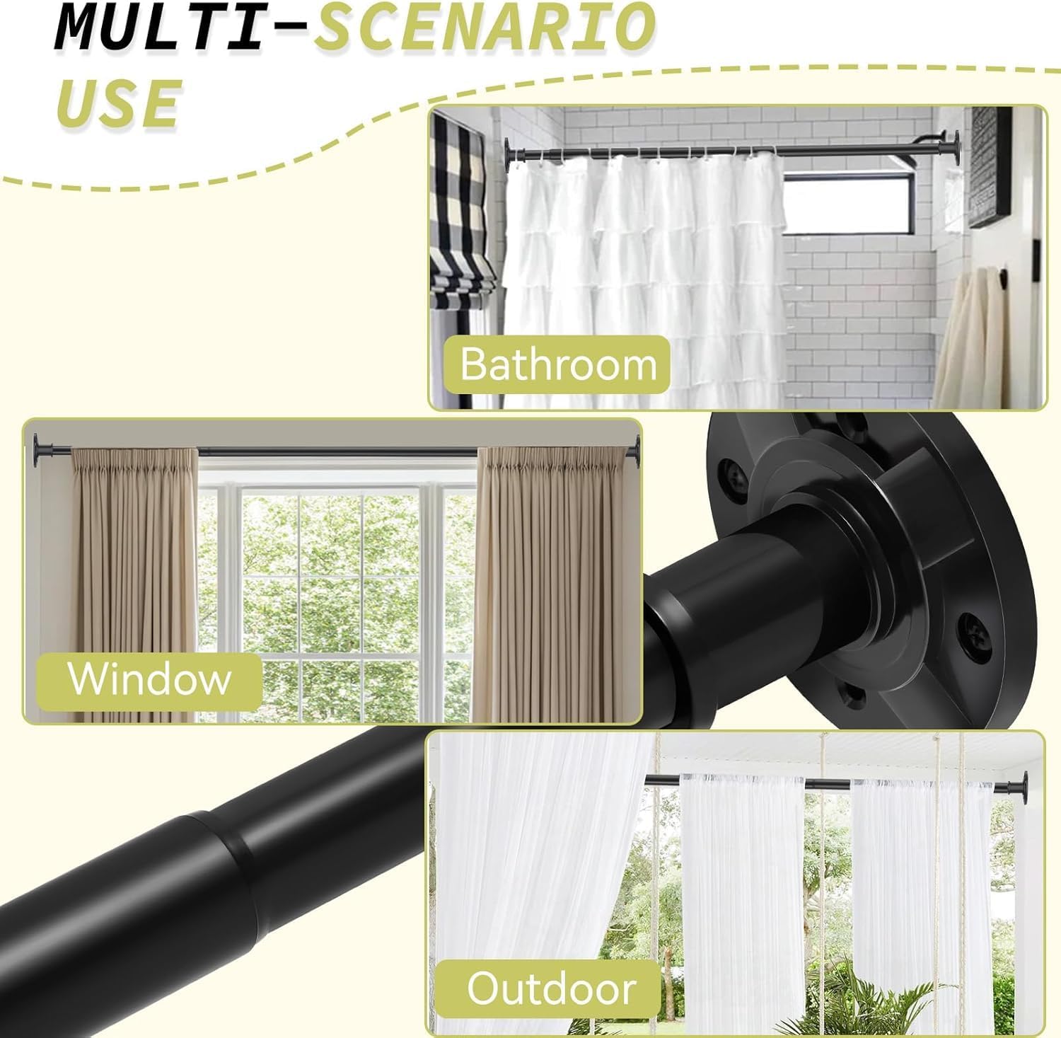 Tension Curtain Rod 31 to 124 in Extra Long Curtain Rod Spring Adjustable Heavy Duty Matte Black Shower Curtain Rod for Bathroom Windows Room Divider Never Rust