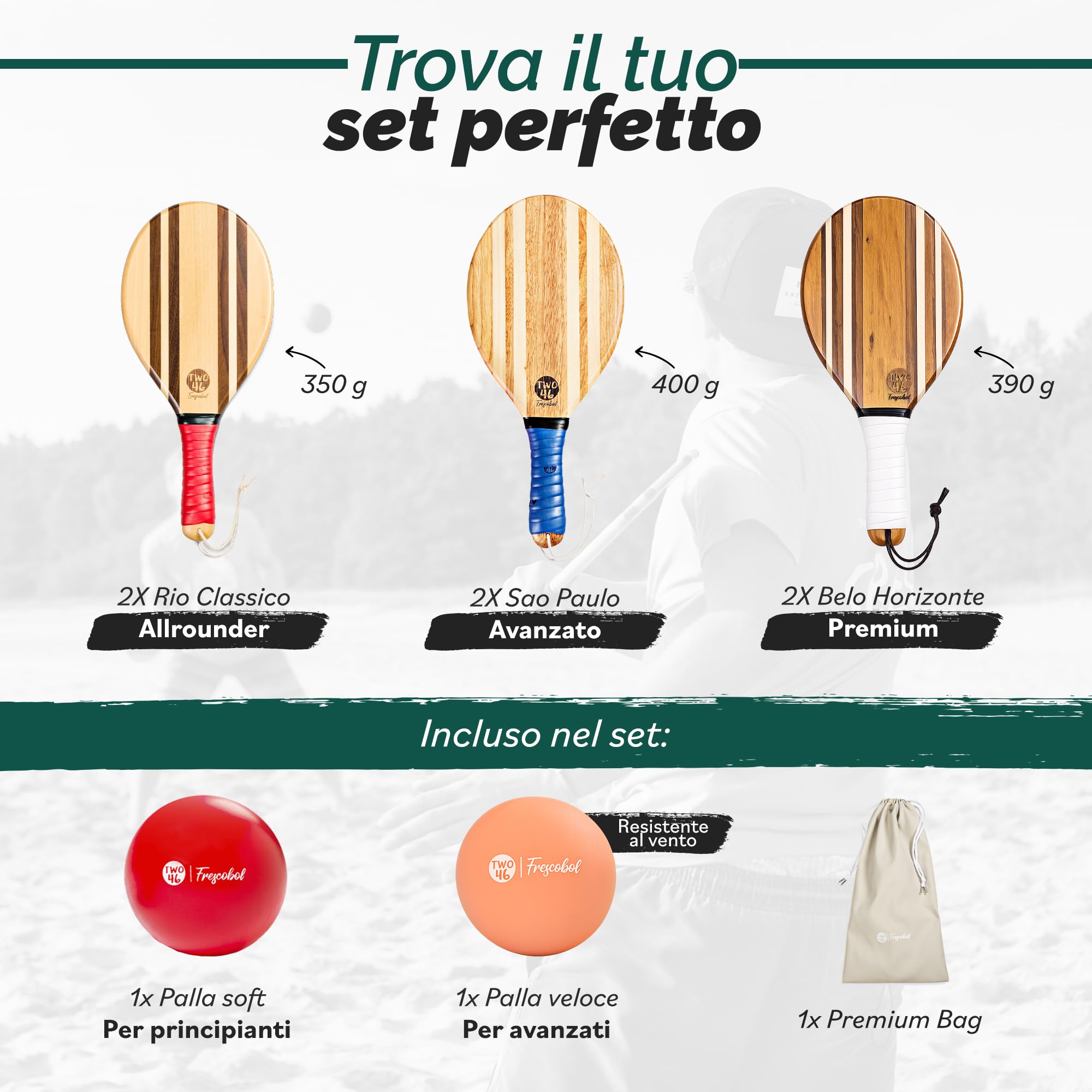 two46 | Set di Racchettoni da Spiaggia Premium | Frescobol - Lo Sport Popolare dal Sud America | Racchettoni Artigianali in Legno, Scelta della Palla per Diversi Livelli, Borsa Personalizzata