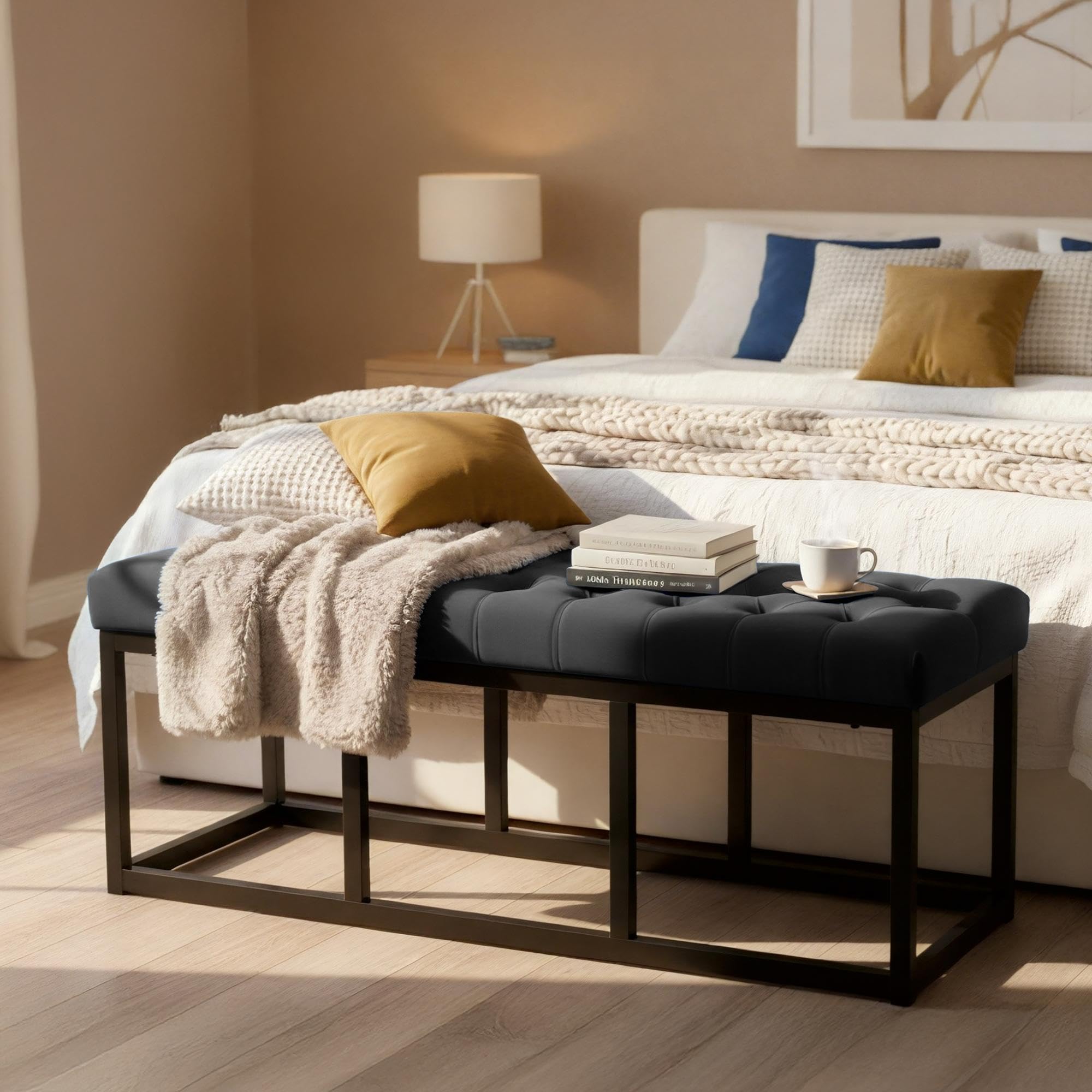 CLP Banc Polson, Moderne, Cadre en métal Noir, Velours capitonné, Protection de Sol, pour Salon, entrée ou Chambre à Coucher, Couleur:Noir, Taille:120 cm