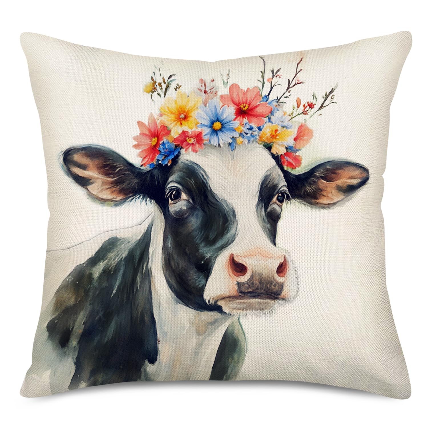 18x18 Inch Farmhouse Cow Pillow Covers Vintage Watercolor Animal Print Decor Pillows case Cushion Cover Cotton Linen Decorations Kids Sofa Bed Office(Cow Floral)