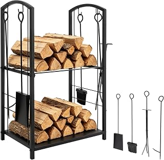 Firewood Log Rack, 2-Tier Logs Holder with Tools Set Indoor Outdoor