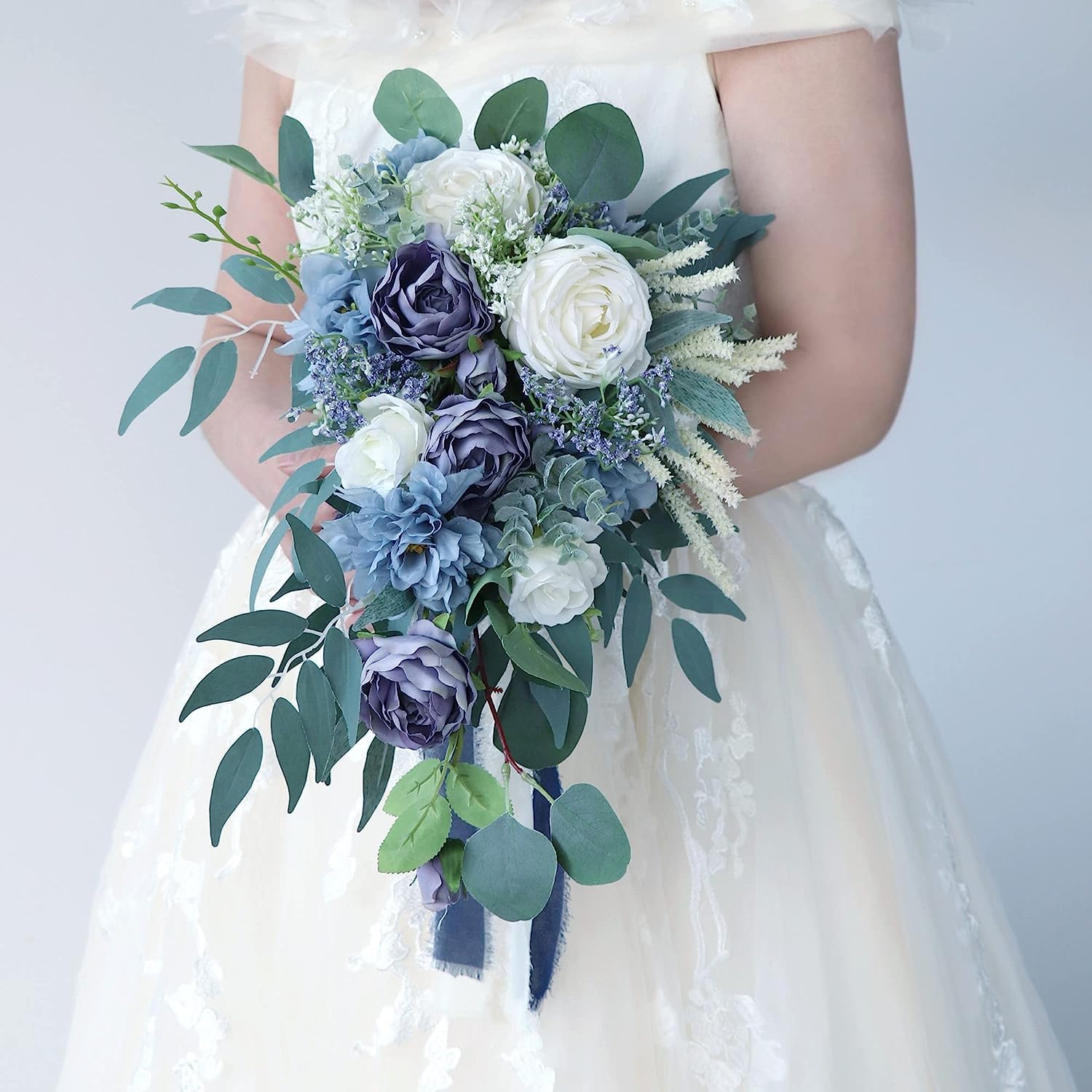 COPUT 9 inches Dusty Blue Cascading Artificial Bride Bouquet Waterfall Wedding Flower, Rose Peony Bride Bouquet with Eucalyptus for Centerpiece, Party and Wedding Ceremony Anniversary (Bouquet)