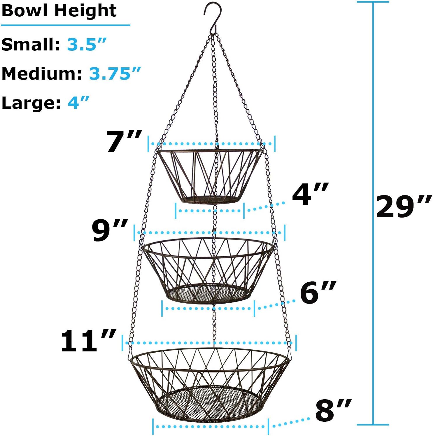 Heavy Duty - 3 Tier Hanging Kitchen Bronze Fruit Basket