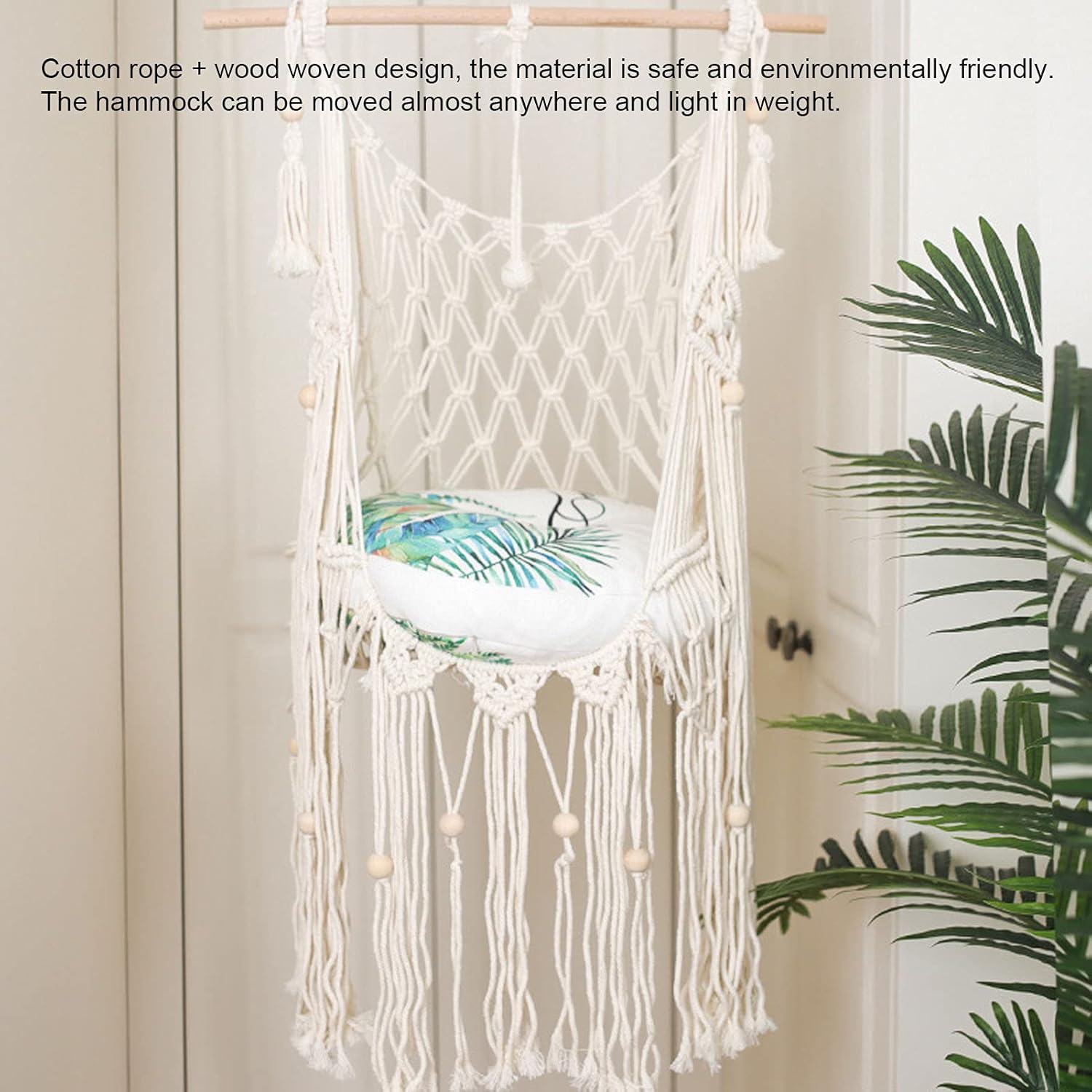 Pet Hanging Hammock, Handwoven Cotton Rope Bed with Wood Bead Tassel for Mini Pig, 59.4 in Hanging Length, 2.2 Lb, Includes 1 Hook, No Cushion, Indoor Outdoor Use