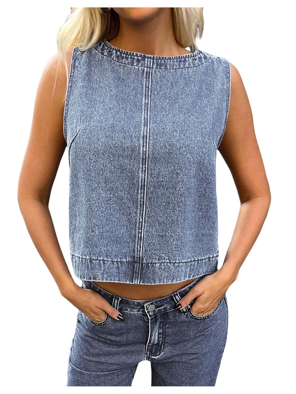Milumia Womens Denim Vest Tank Top Sleeveless Round Neck Loose Fit Casual Jean Vests Streetwear