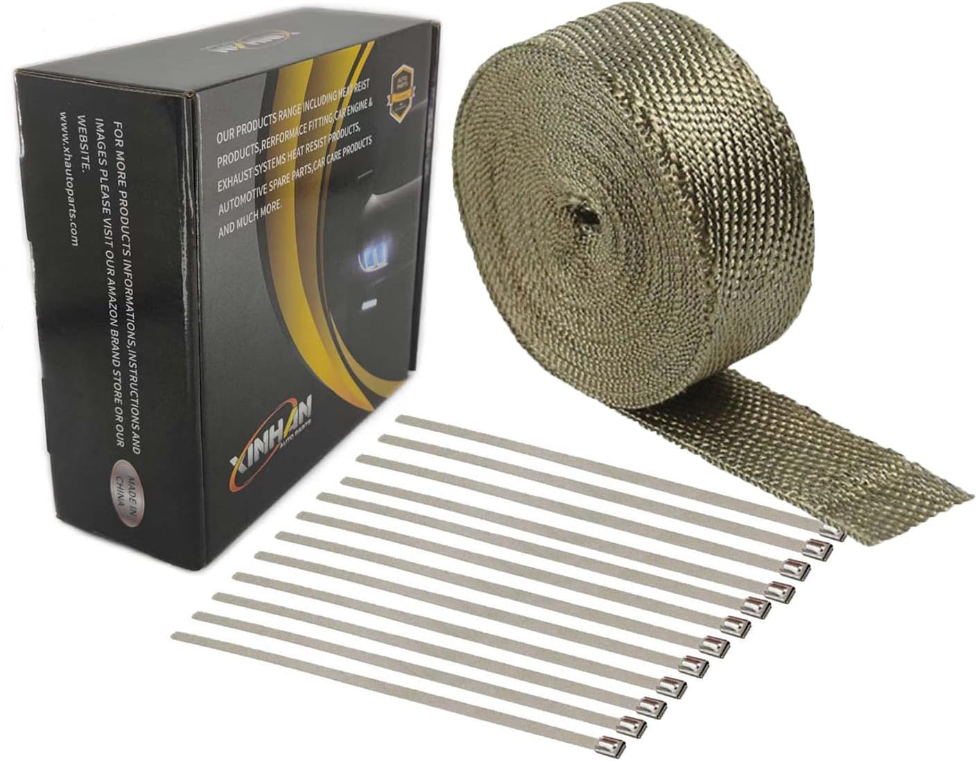Xinhan 2" x15ft/2" x25ft/2" x50ft/1" x15ft/1" x25ft/1" x50ft Titanium Fiber Pipe Insulation Wrap Heat Exhaust Wrap with Stainless Steel Zip Ties (2" x 50ft)