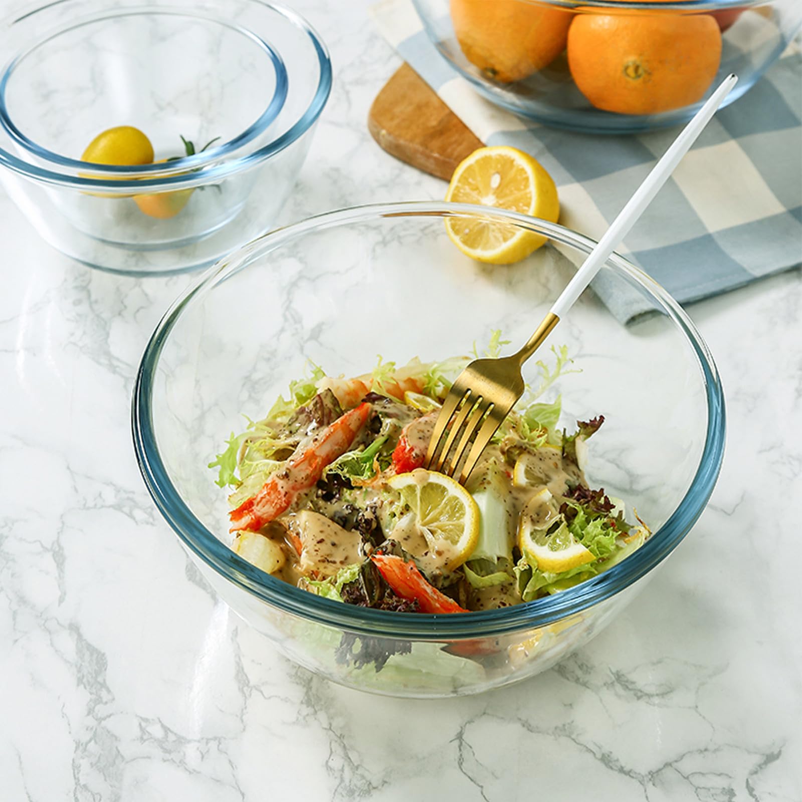 4 Stück Bowleset mit Gläsern aus Dickwandigem Glas Mikrowellengeeignete Salatschüsseln in Verschiedenen Größen für Küche und Nudeln