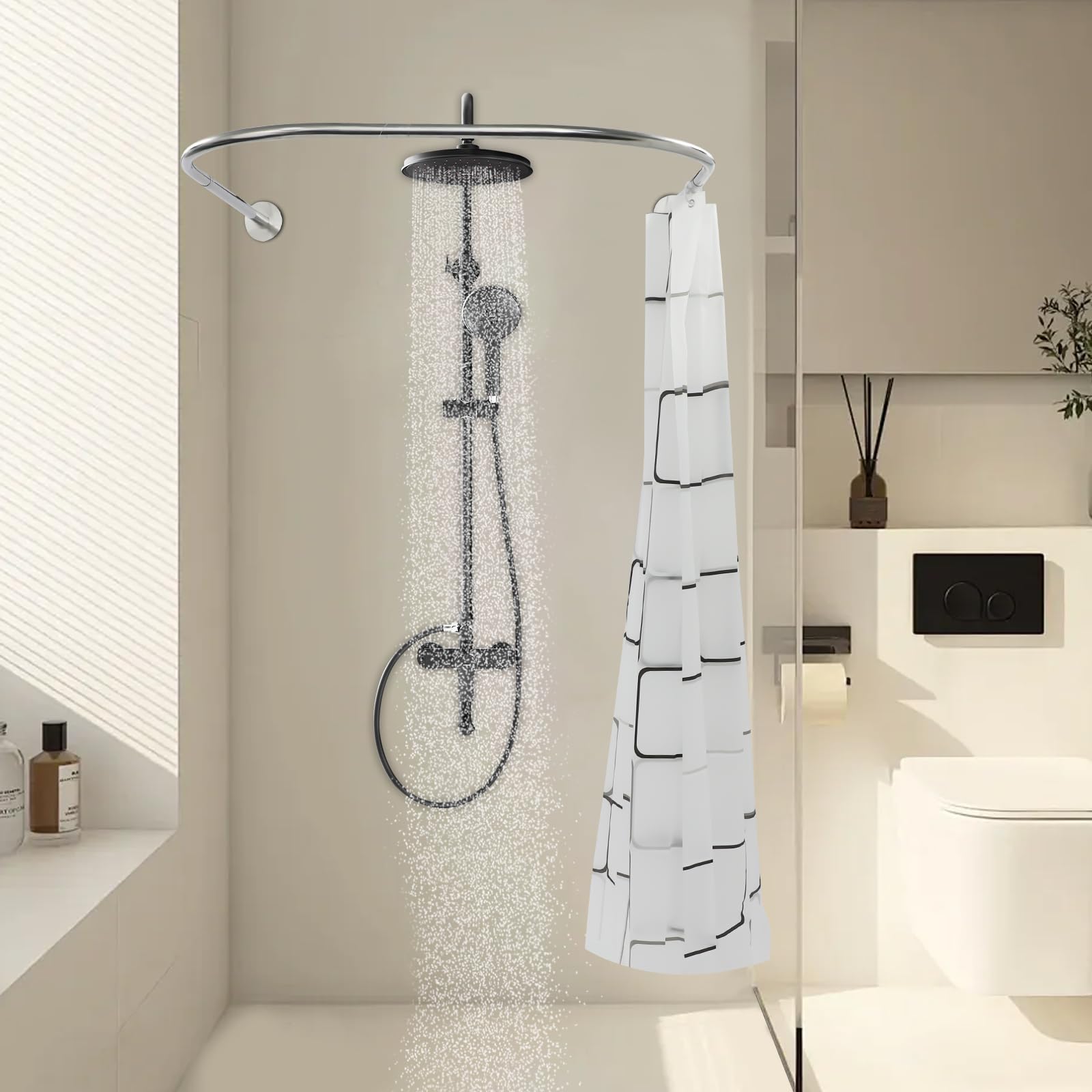 Asta per tenda da doccia a forma di U, pieghevole, telescopica, angolo a U, regolabile, asta per tenda da doccia, per bagno, bagno, finestra, balcone