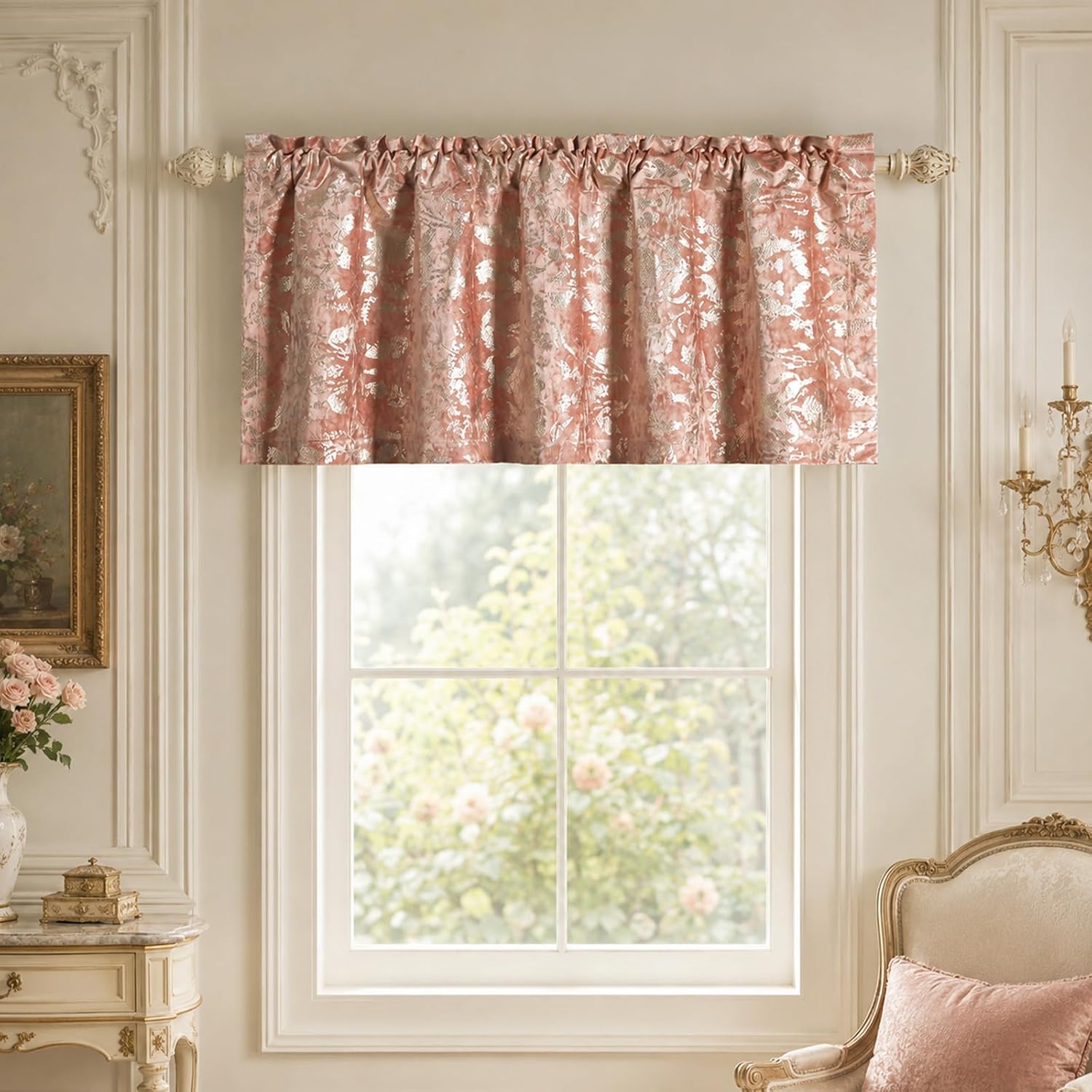 Plush Texture Abstract Foil Print Valance, 52 x 18, 1 Panel, Pink | Plush Fabric Texture, Abstract Gold Foil Design, Rod Pocket Installation, for Bedroom or Living Room Windows