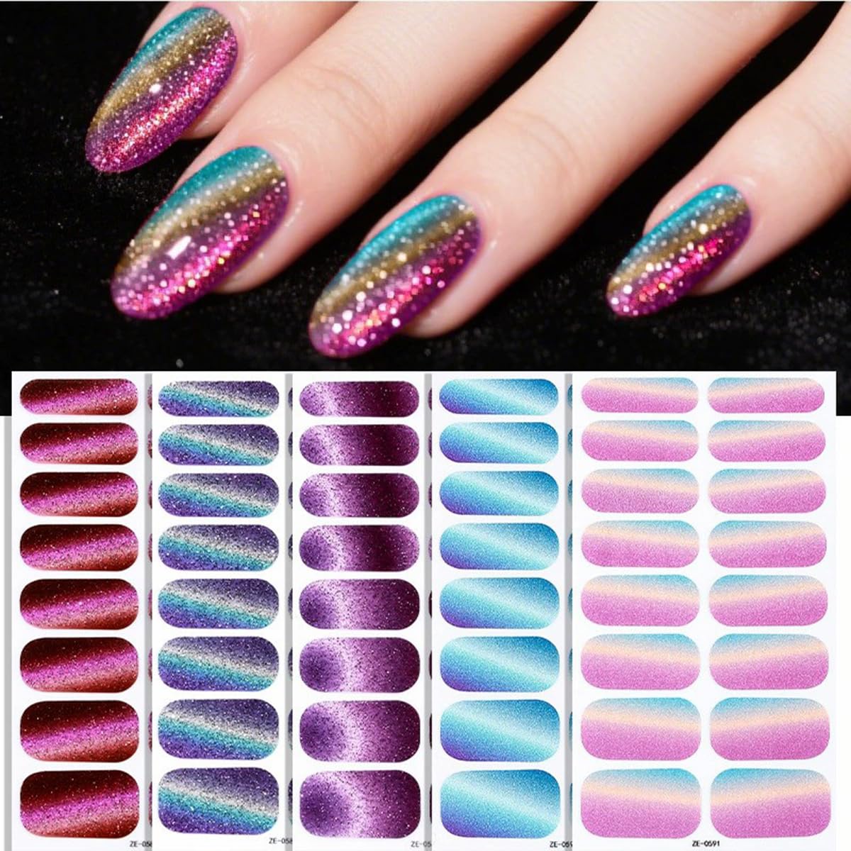 6PCS Full Nail Wraps Gel Nail Stickers Nail Full Wraps Nail Polish Strips Full Cover Pink Purple Blue Nail Glitter Gradient Self-Adhesive Nail Decals Nail Art Supplies for Women Manicure Decoration