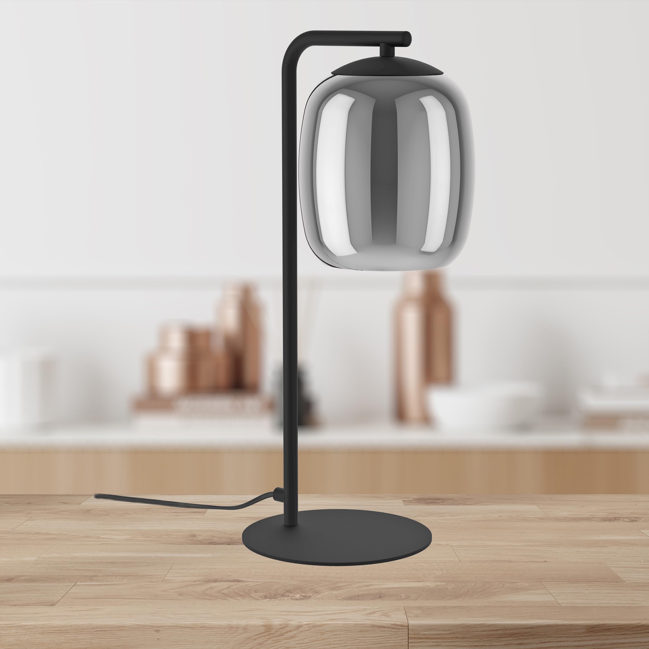 EGLO Tischlampe Ciampino, Nachttischlampe mit Rauchglas Lampenschirm | Tischleuchte aus Metall in Schwarz und Glas bedampft in Grau, E27 Fassung, 45 cm