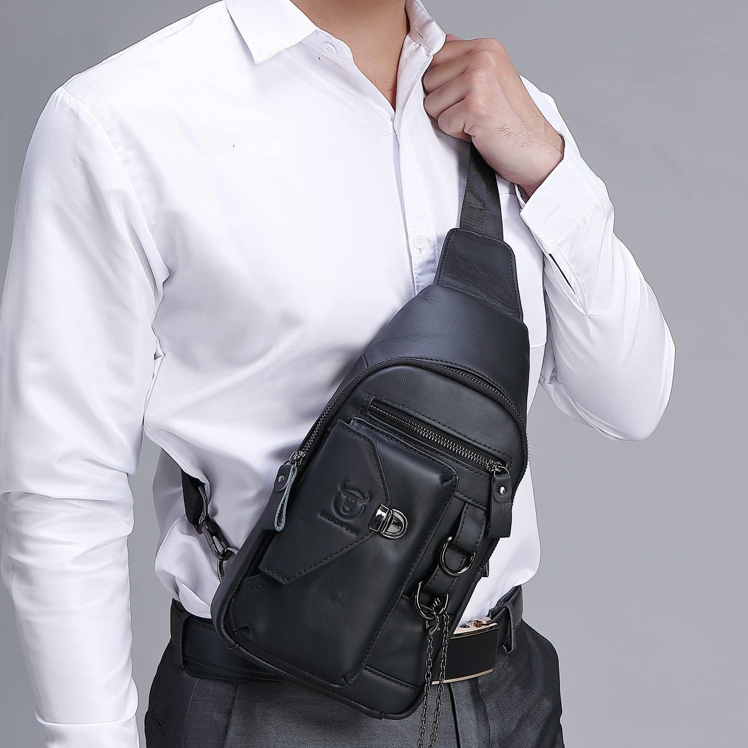 Leather Sling Bag Multipurpose Daypack for Men Women Outdoor Travel Camping Hiking Crossbody Shoulder Chest Pack (Black)