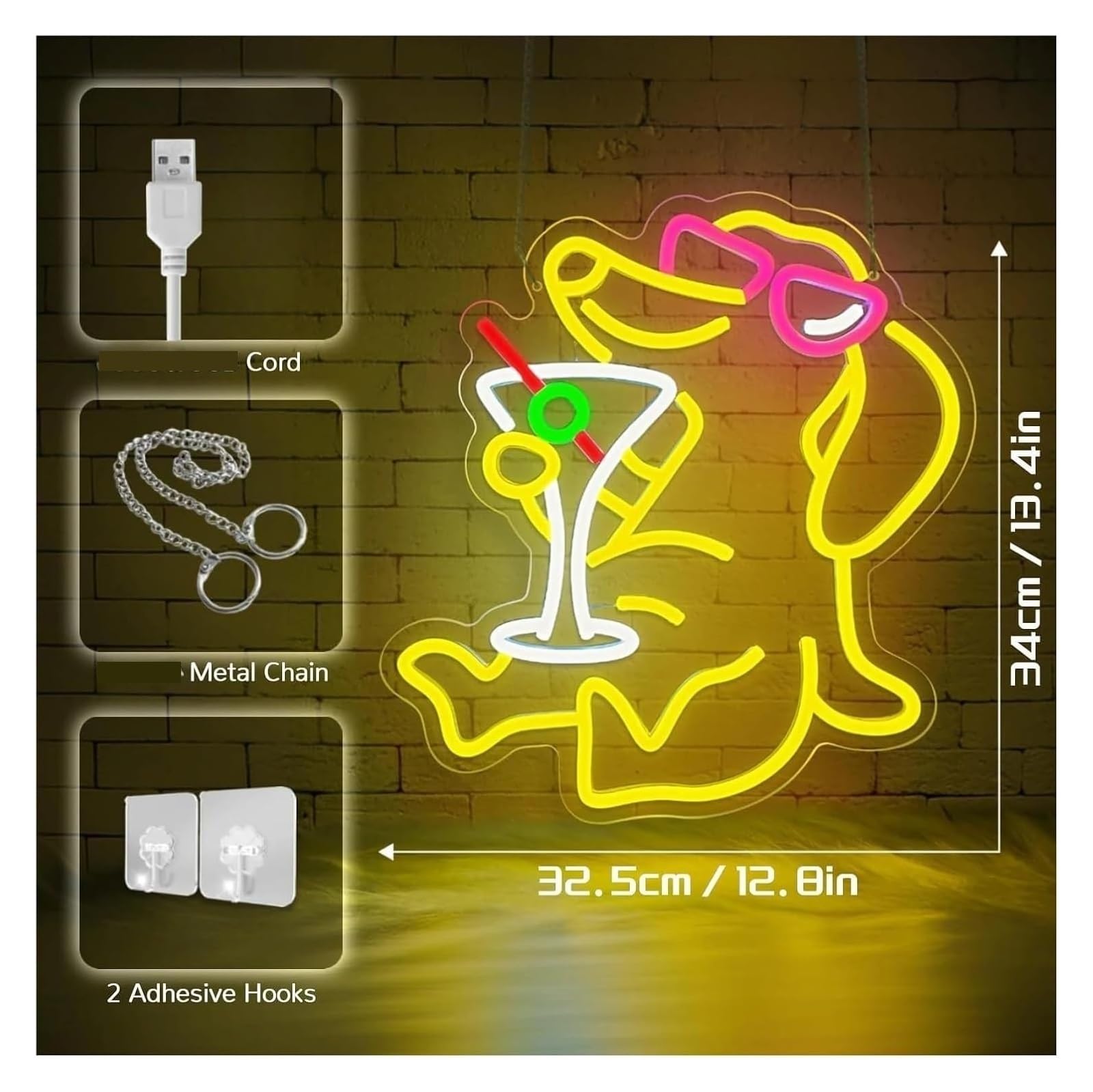 Letrero de neón Letrero de neón con forma perro cóctel, luz regulable, para bar, 34 cm x 32,5