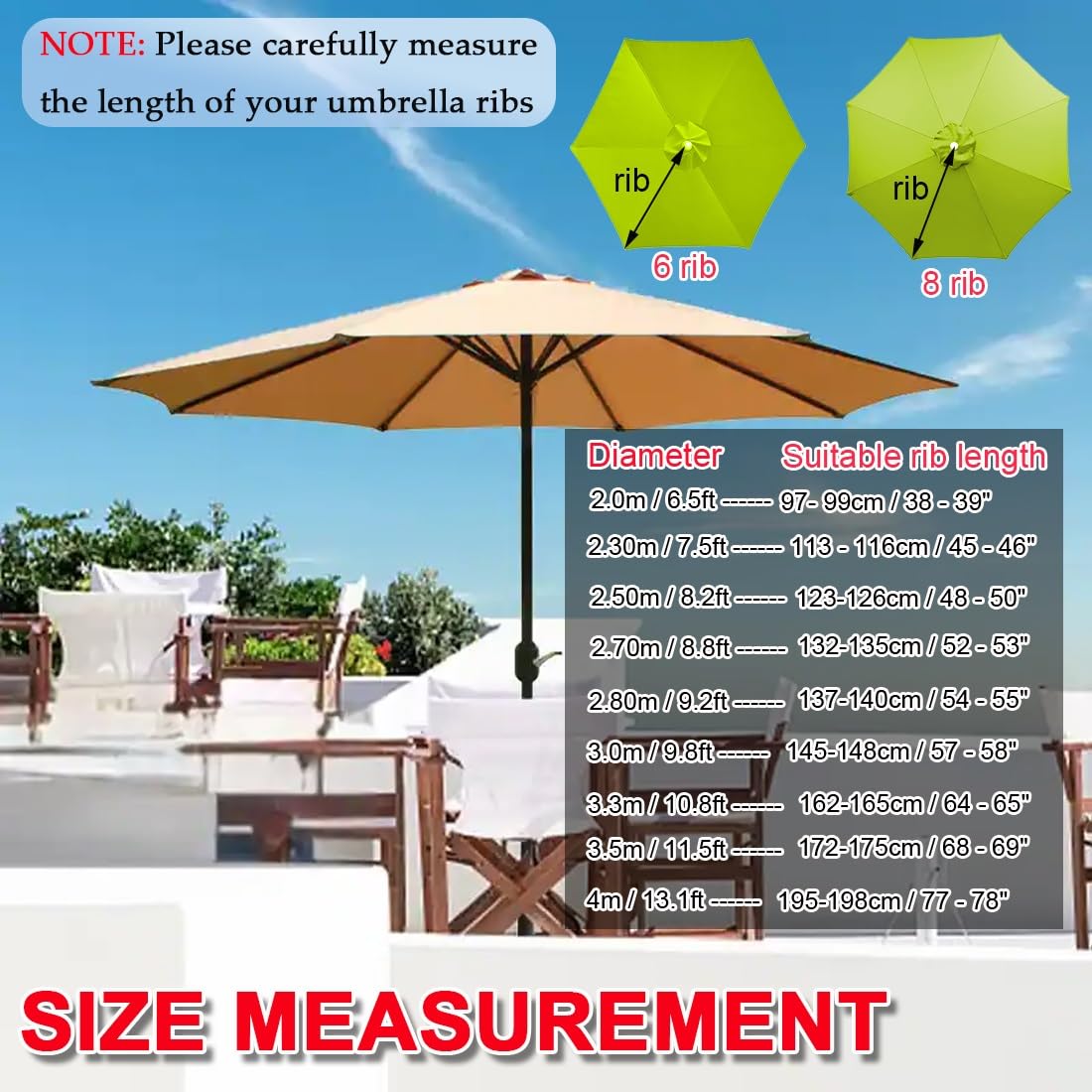 Zapasowy baldachim do parasola UV50+, wodoodporna tkanina, targ ogrodowy, basen, patio, osłona pasuje do parasoli od 2,0 m do 4,0 m, 6/8 żeber, ochrona przed słońcem na zewnątrz