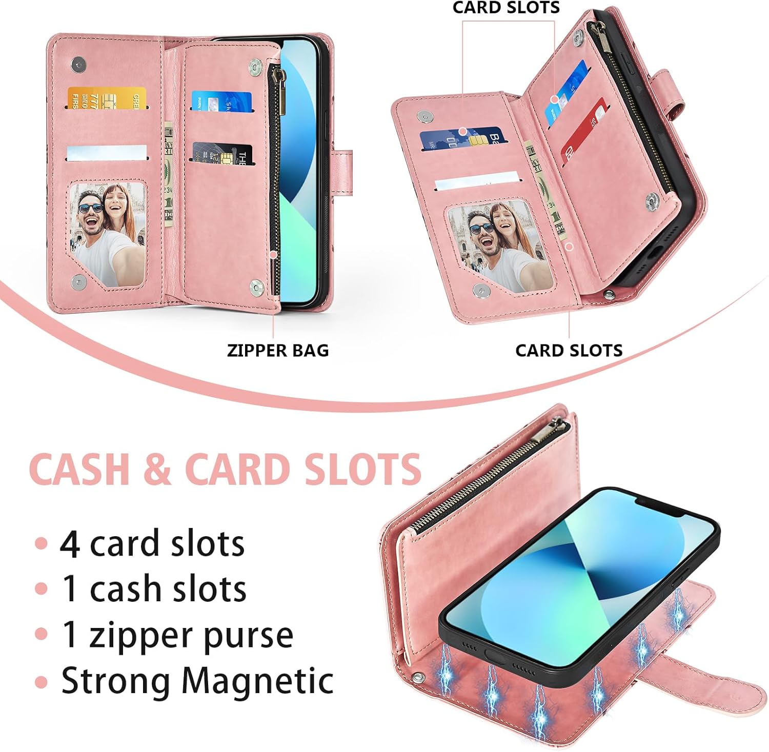 Asuwish Phone Case for iPhone 13 Mini 5.4 inch Zipper Wallet Cell Cover with Screen Protector Crossbody Strap Flower Card Holder iPhone13mini i-Phone 13minicase i iPhone13 13mini Women Girls Rose Gold