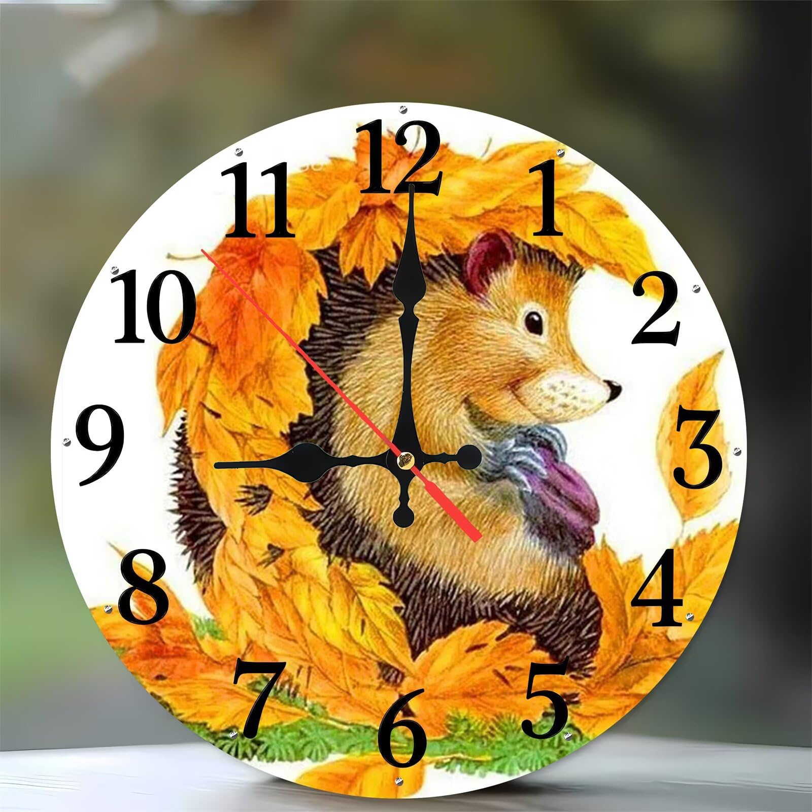 Horloge murale moderne bois silencieuse 35 cm hérisson automne
