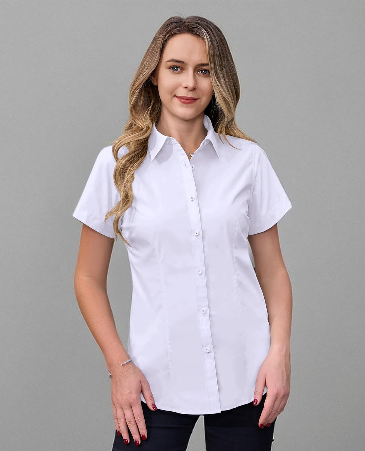 siliteelon Dress Shirts for Women Short Sleeve Cotton Button Down Shirt Basic Button Up Shirt Collared Shirts Work Shirt - Image 8