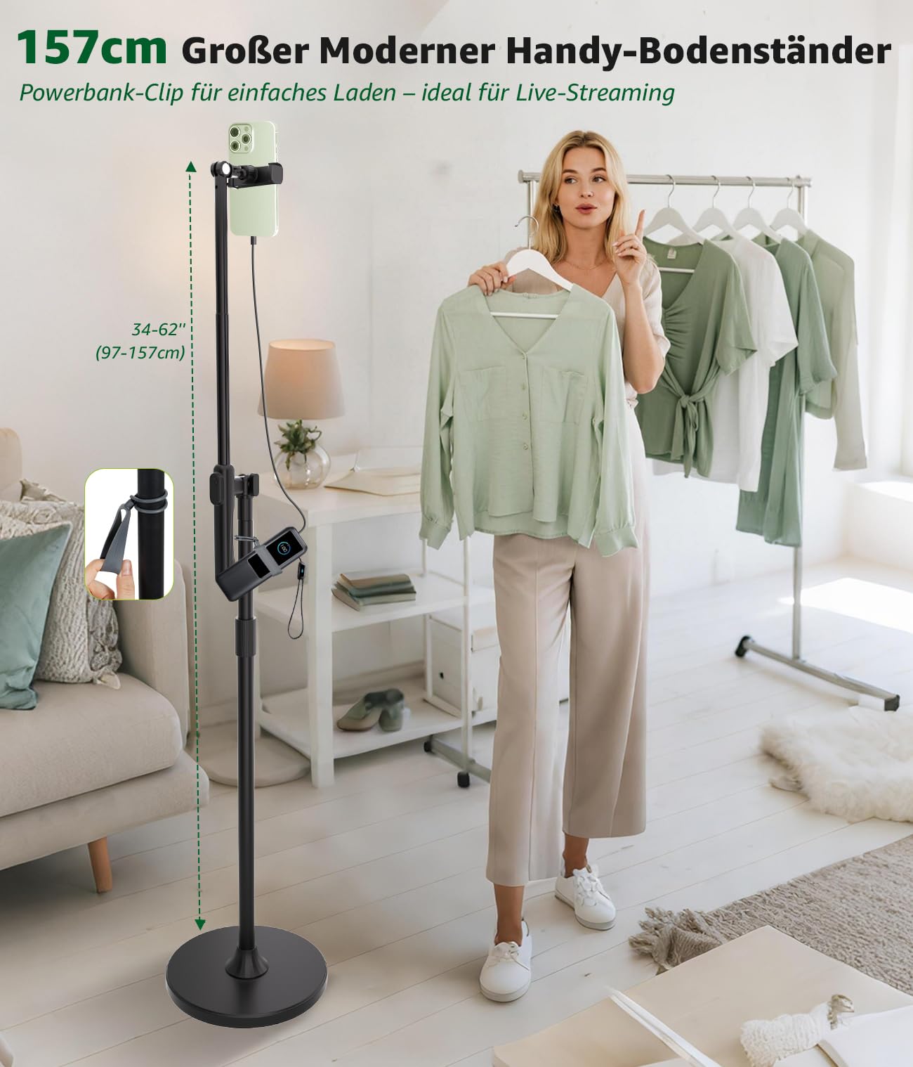 Treppiede per cellulare, 157 cm, supporto per iPhone con braccio estensibile a 360°, telecomando e supporto per cellulare, supporto orizzontale per iPhone 17/16/15/registrazione video/streaming