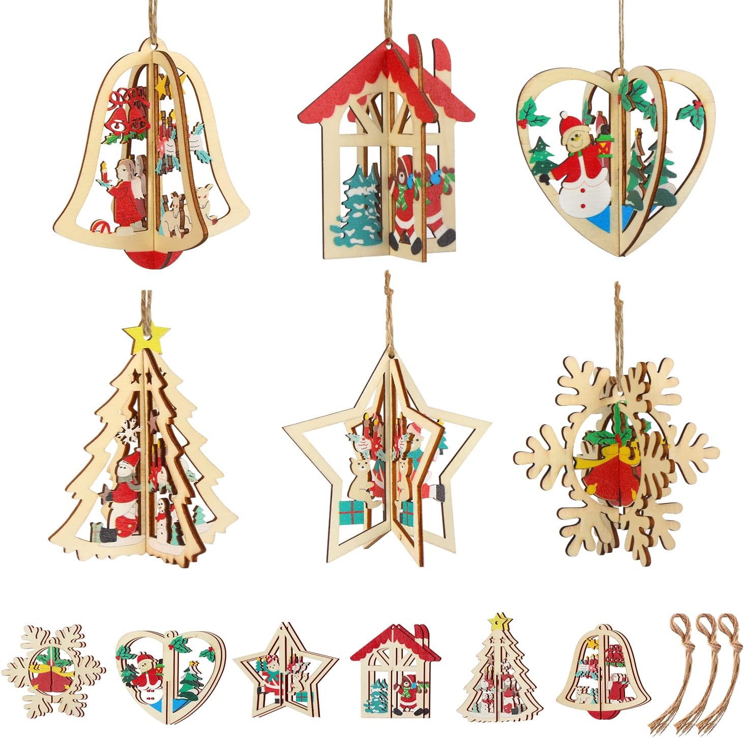 DIYASY3D Christmas Wooden Ornaments, 6 Pcs Christmas Wooden Hanging Pendants with String, Wooden Christmas Tree Hanging Ornaments