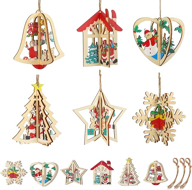 DIYASY 3D Christmas Wooden Ornaments, 6 Pcs Christmas Wooden Hanging Pendants with String, Wooden Christmas Tree Hanging Ornaments
