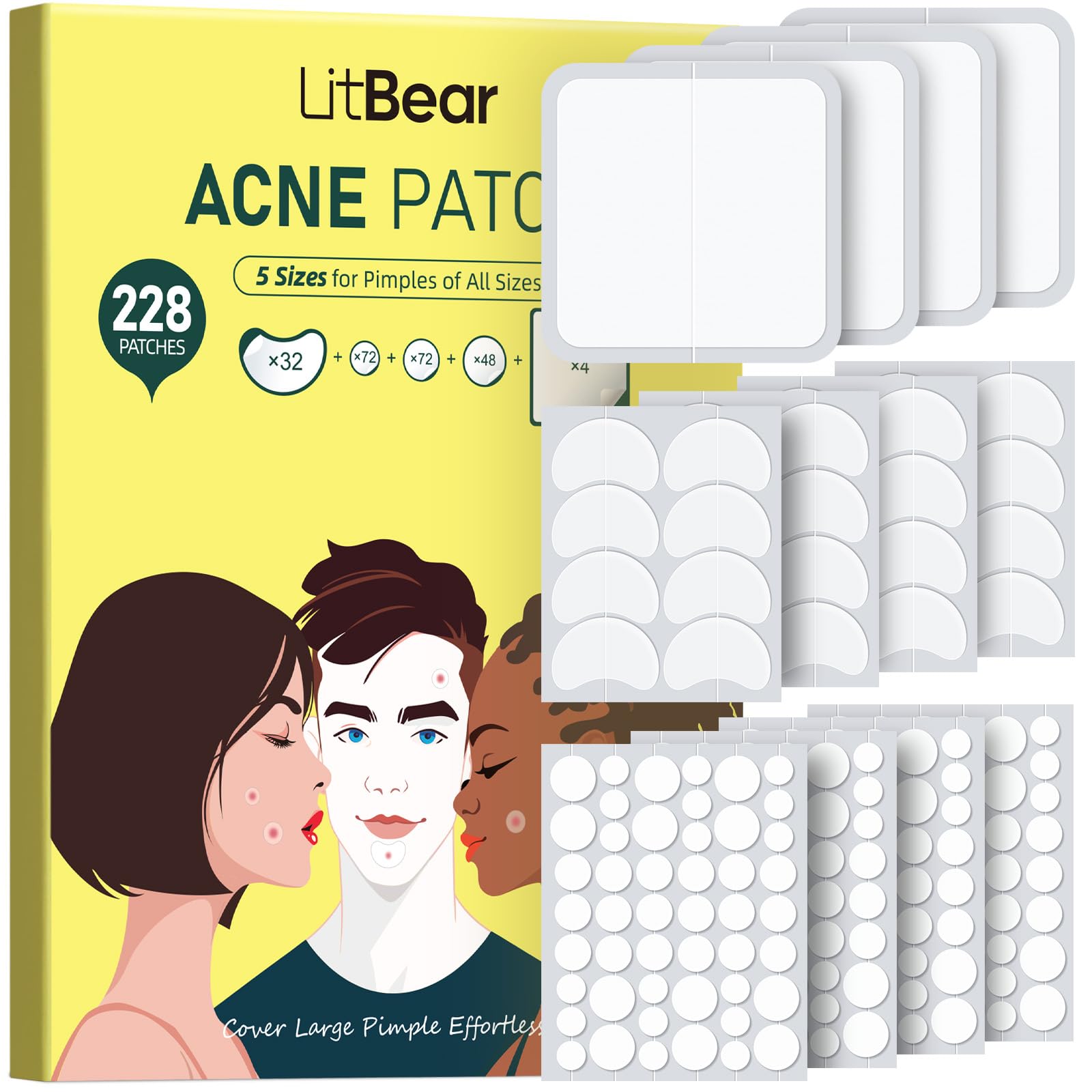 LitBear Pimple Patches for Face, Large Acne Patch, XL Hydrocolloid Bandages,Zit Stickers for Forehead, Chin, Nose, Body, Back, and Chest (5 Sizes, 228
