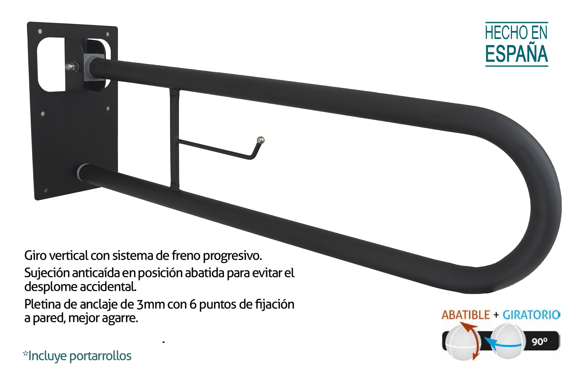 Barra Abatible de Acero con Portarrollos Incorporado, Barra Baño Minusválido, Barra WC Seguridad Giratoria y Plegable a Pared, Negro Mate, 73 cm